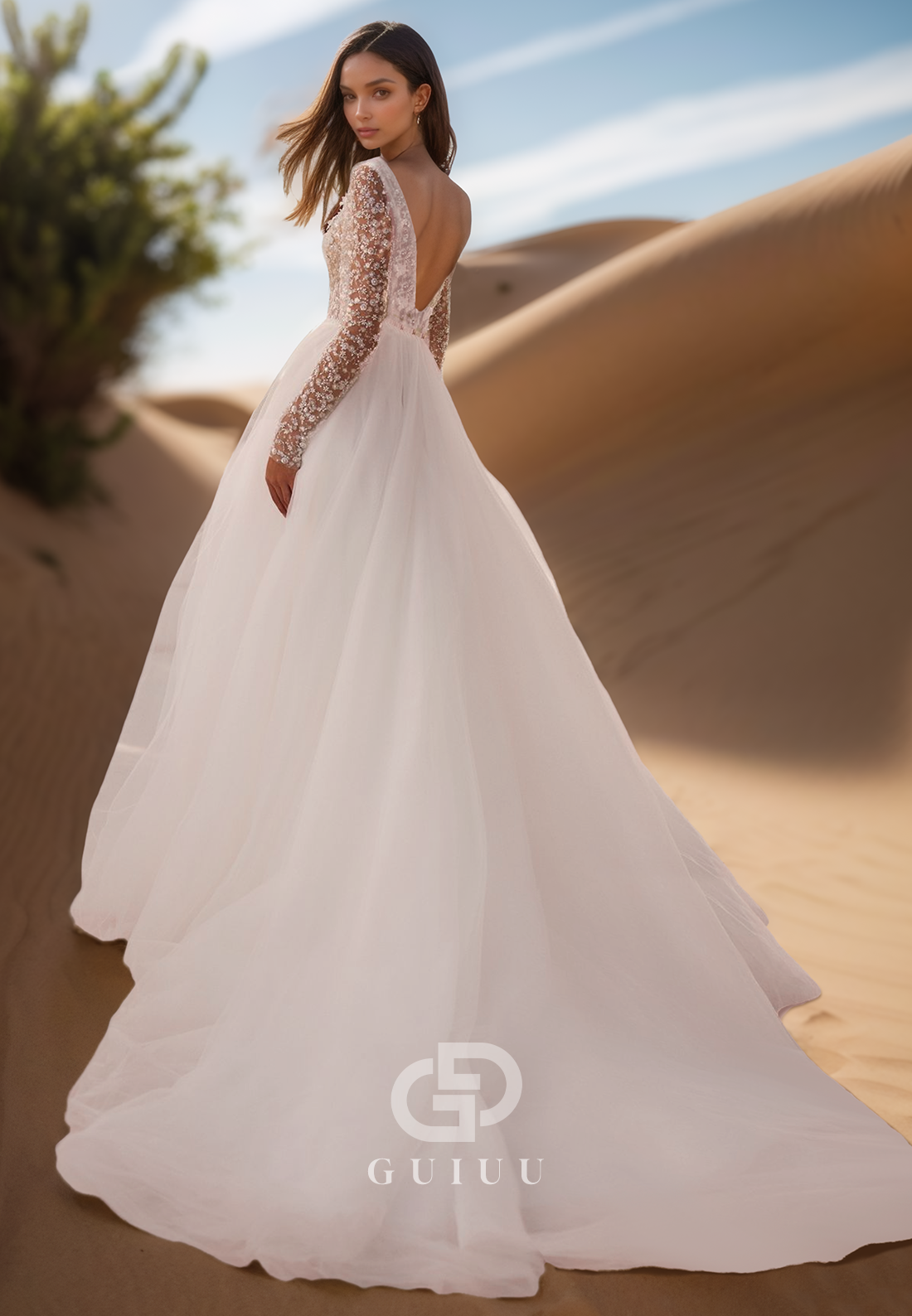 Deep V-Neck Long Sleeves Empire-Waist Backless Lace Wedding Dress