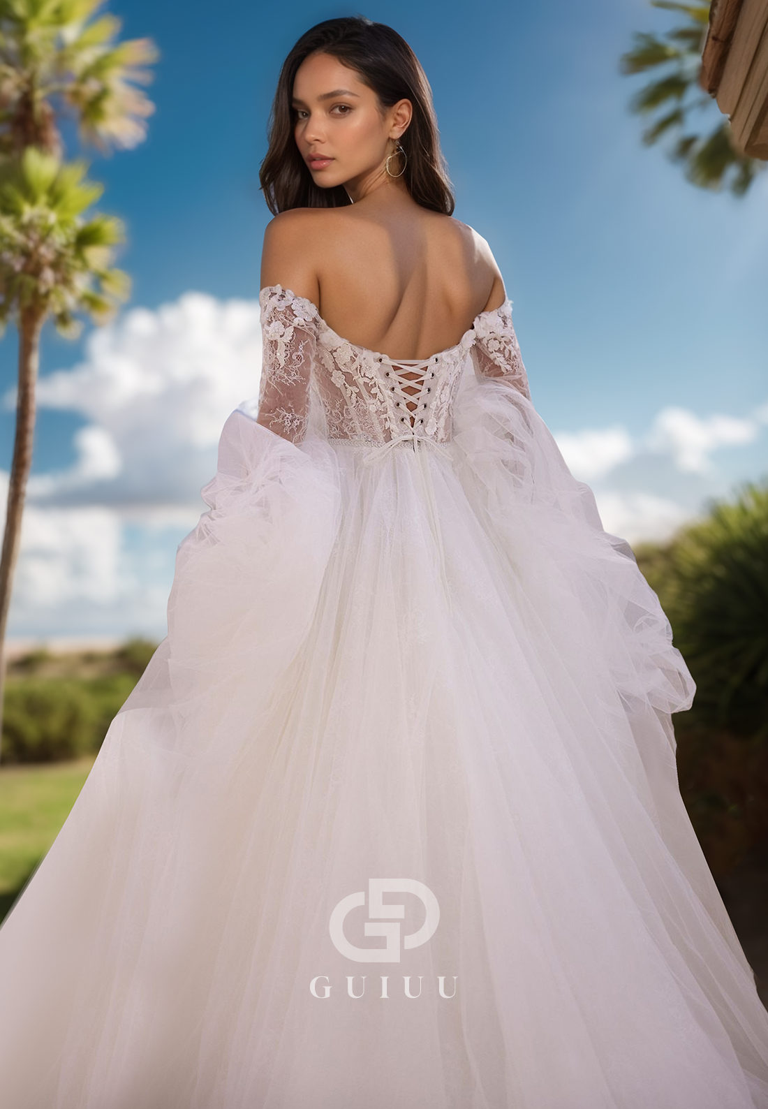 A-Line Long Sleeves Off-Shoulder Corset Sweep Train Lace Wedding Dress
