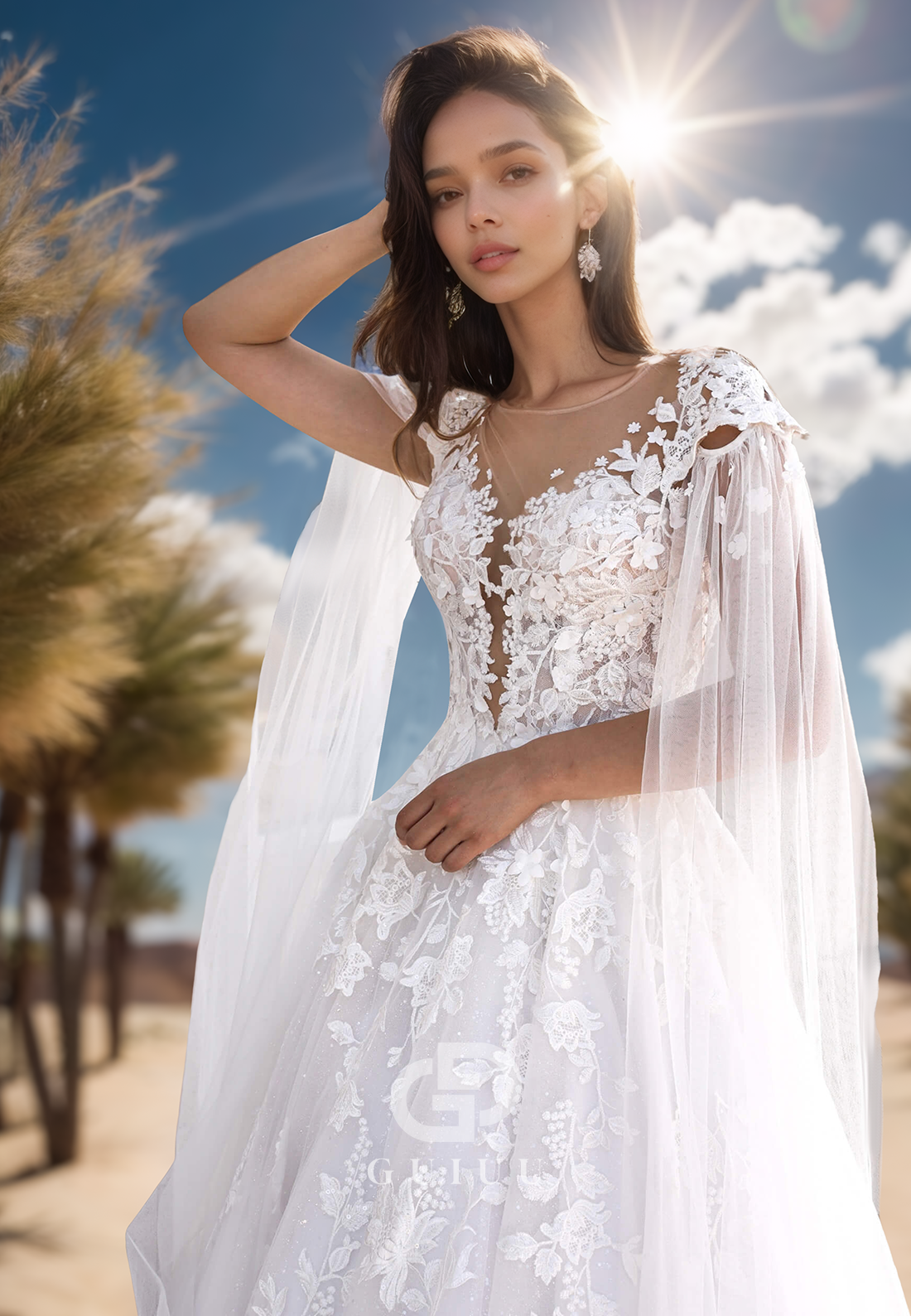 Elegant A-Line Scoop Cap Sleeves Floral Appliques Lace Wedding Dress