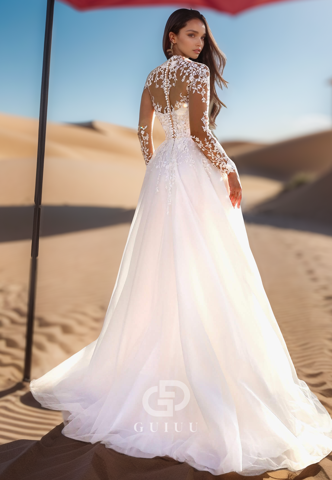 A-Line Long Sleeves High Neck Lace Wedding Dress