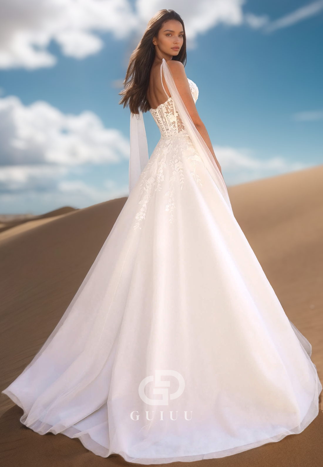 Spaghetti Straps Sweetheart Slit Empire-Waist Lace Wedding Dress