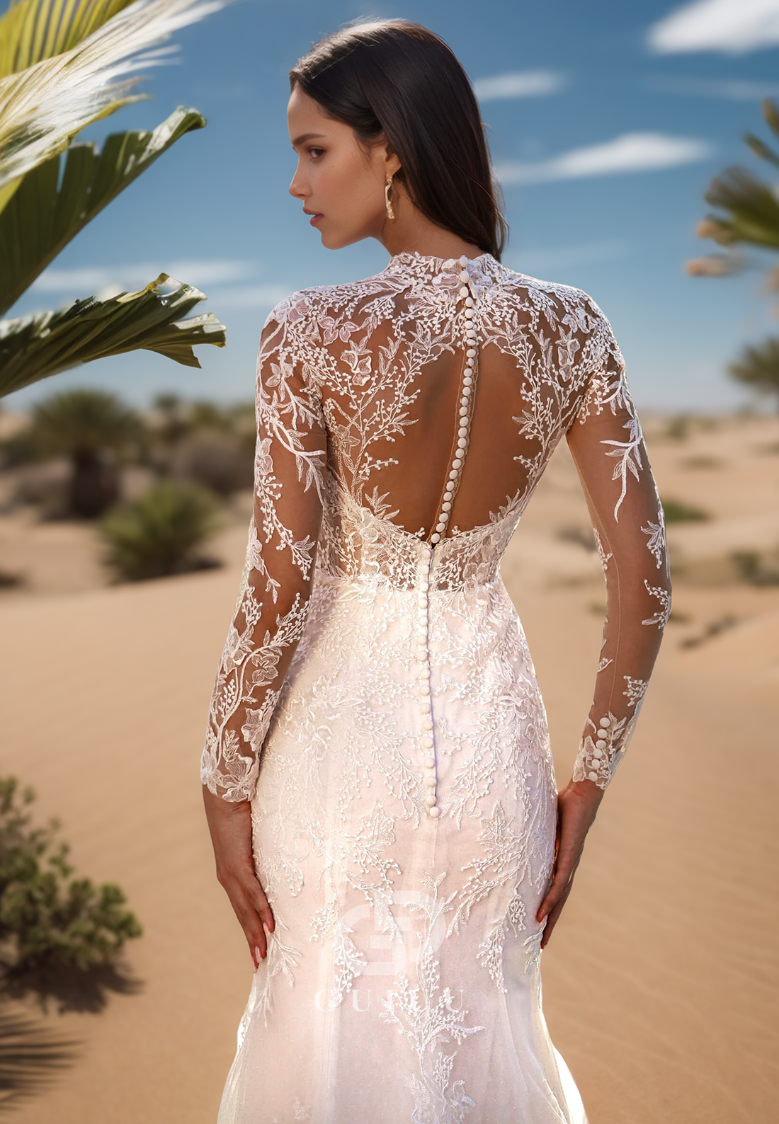 High Neck Long Sleeves Floral Appliques Mermaid Wedding Dress