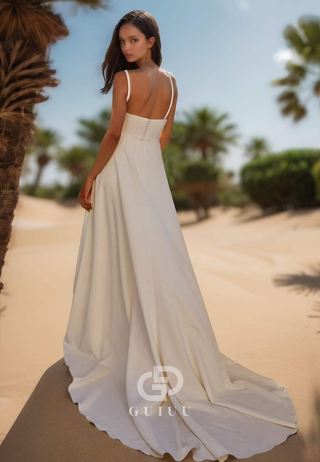 Spaghetti Straps Square Side Slit Sweep Train Satin Wedding Dress