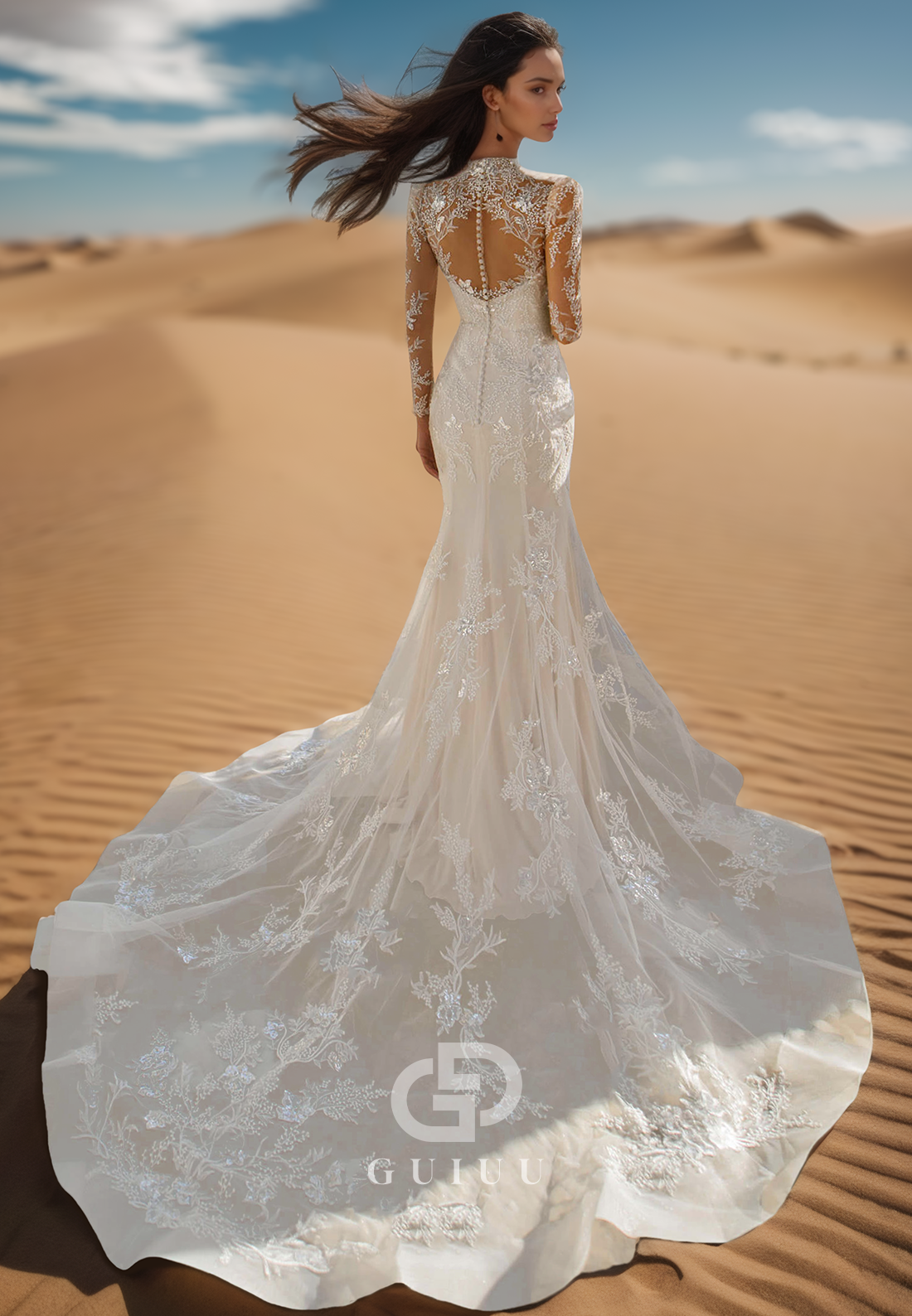 High Neck Long Sleeves Empire-Waist Lace Mermaid Wedding Dress