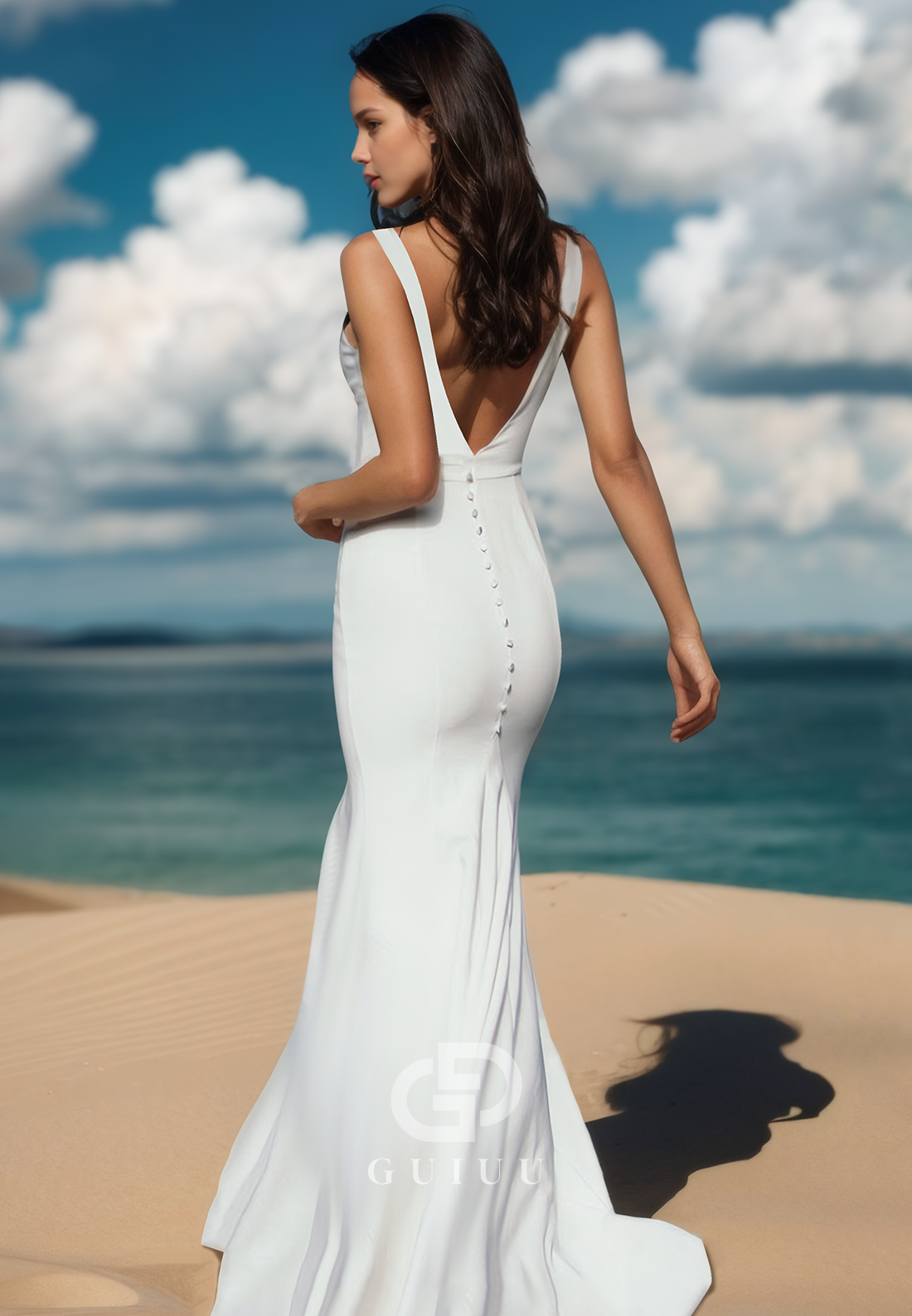 Mermaid Spaghetti Straps V-Neck Slit Beach Wedding Dress