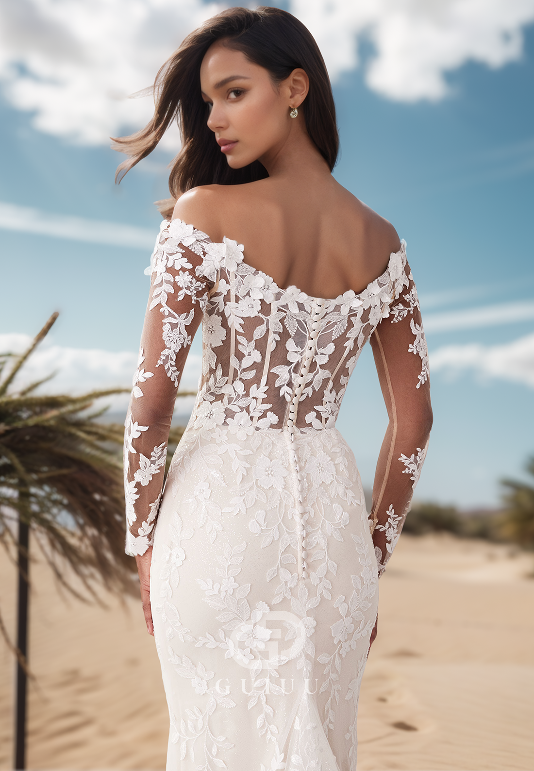 Long Sleeves Off-Shoulder Floral Appliques Floor-Length Lace Wedding Dress