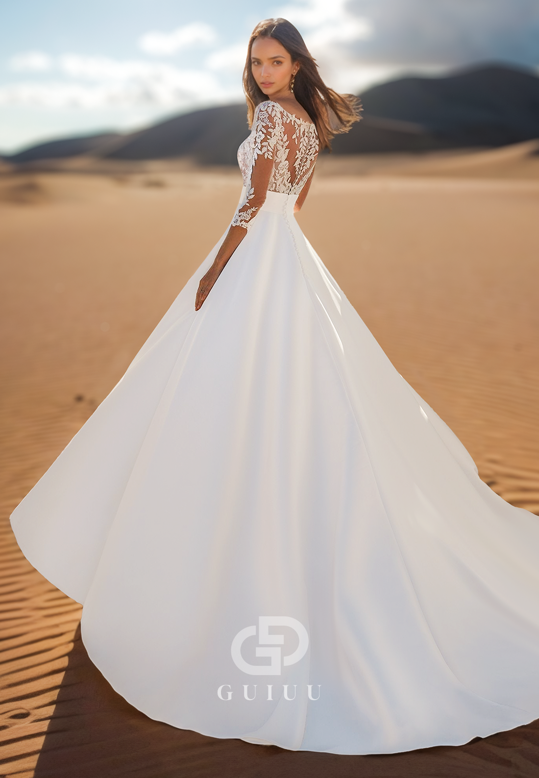 Charming A-Line Scoop Half-Sleeves Empire-Waist Satin Wedding Dress