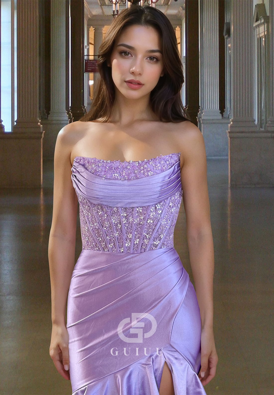 Sheath Strapless Sleeveless Prom Dress with Slit Sequins Evening Party Dress