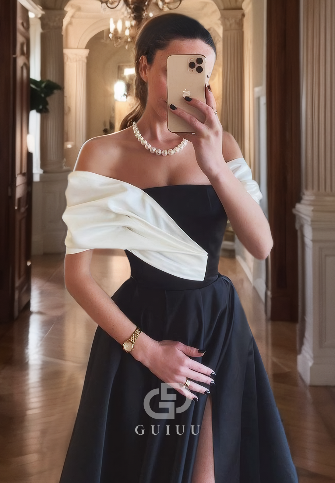 G4555 - Elegant A-Line oFF-Shoulder Black High Side Slit Prom Evening Gown with Train