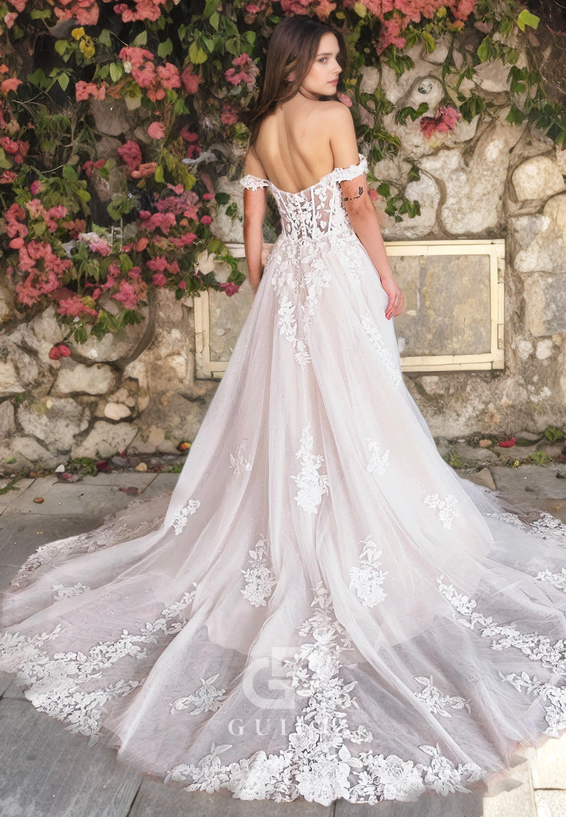 A-Line Off Shoulder Sleeveless Fully Lace Appliques Tulle Boho Wedding Dresss with High Side Slit and Train