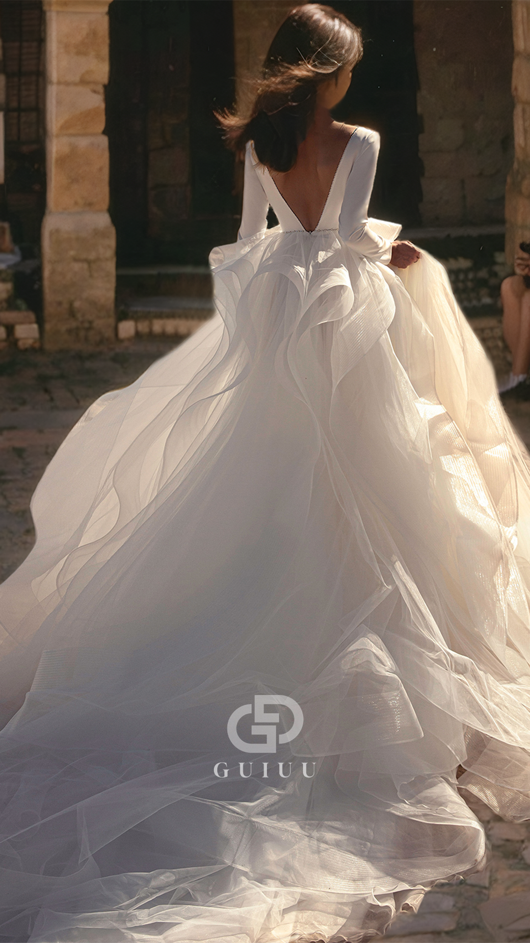 GW897 - A-Line V N eck Long Sleeves Tulle Tiered Beach Wedding Dress