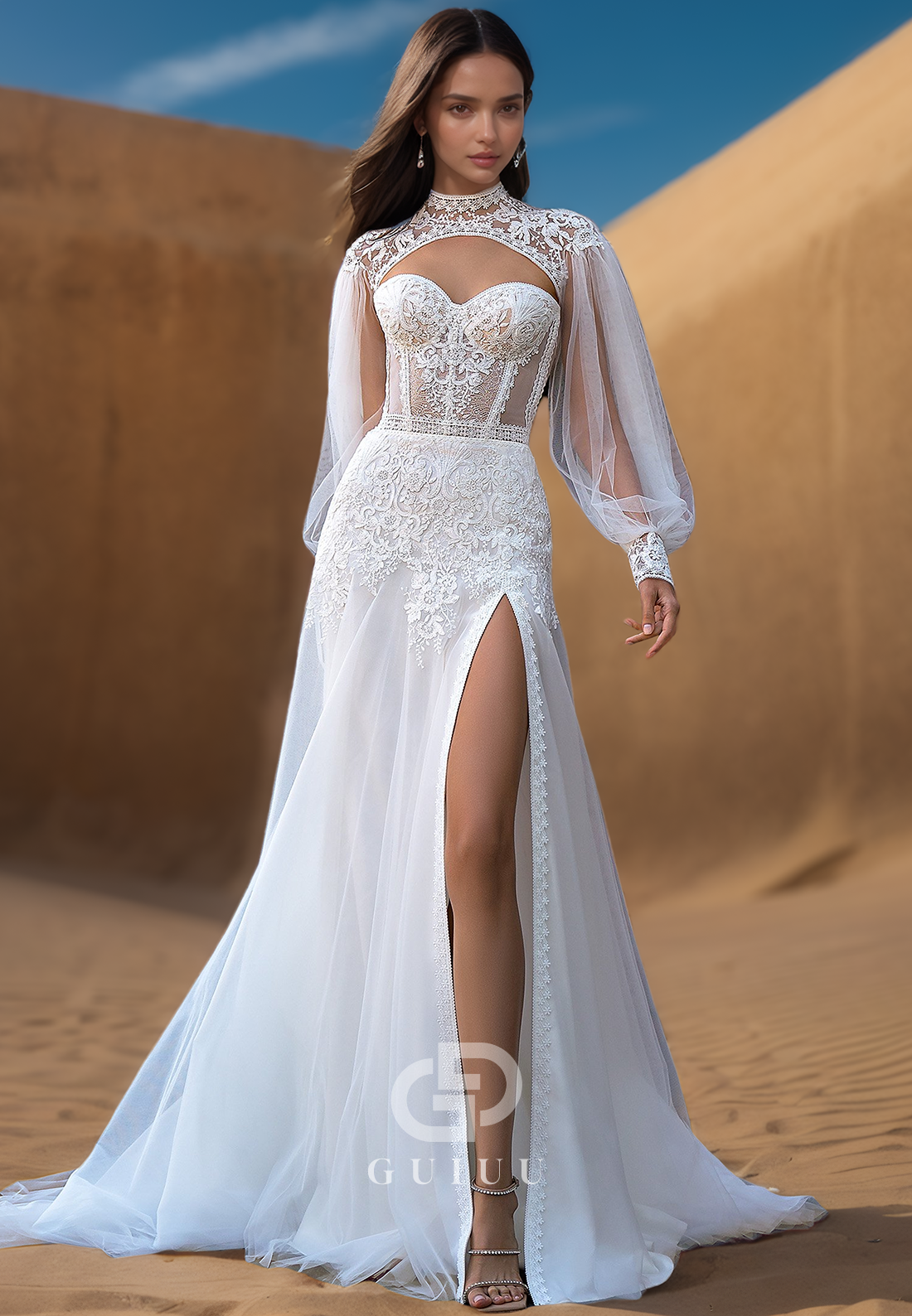 High Neck Long Sleeves Side Slit Empire-Waist Boho Wedding Dress GUIUU High Neck Long Sleeves Side Slit Empire-Waist Boho Wedding Dress GUIUU