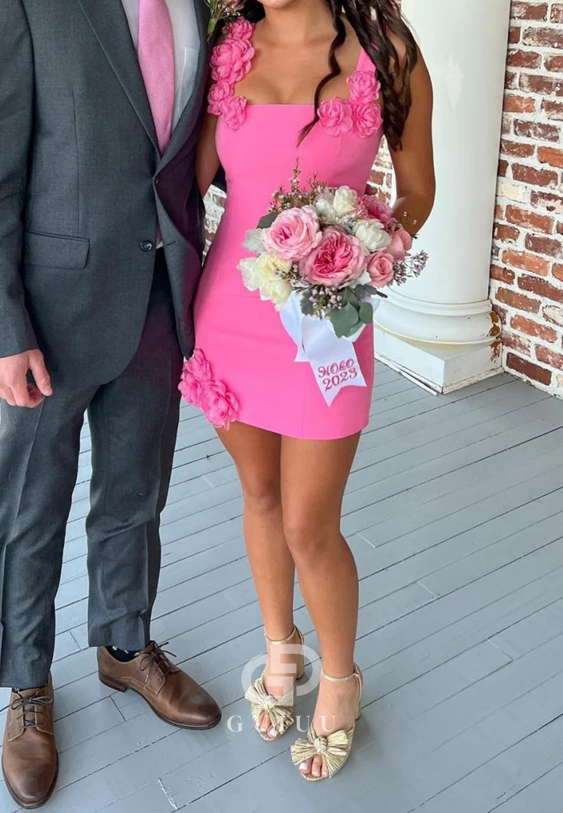 Hot Pink Floral Applique Square Neck Mini Homecoming Dress