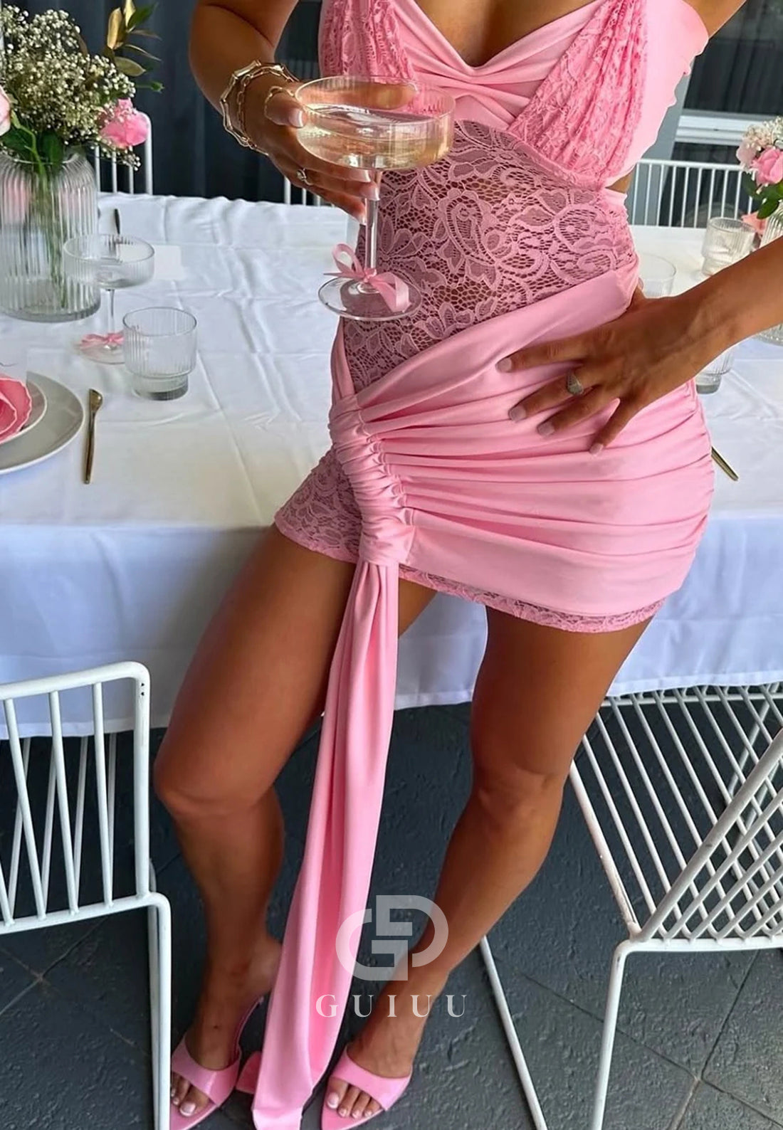 Hot Sheath Halter Neck Pink Lace Short Party Dress