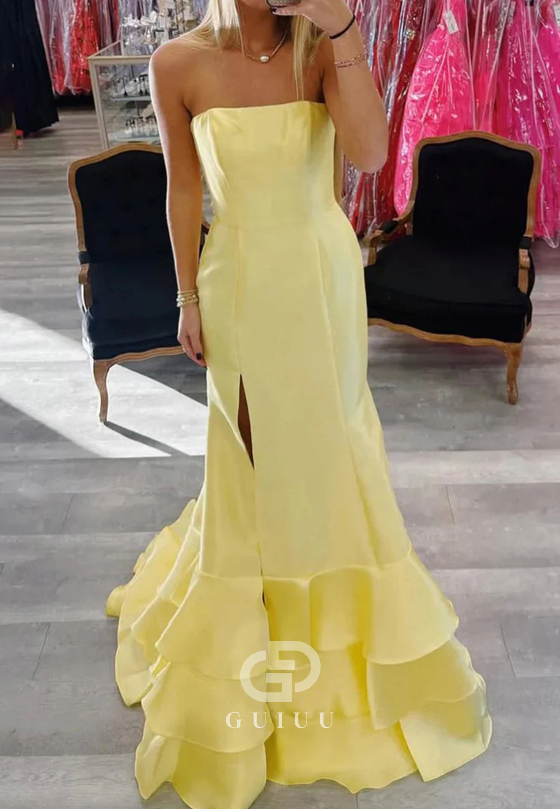 Mermaid Strapless Sleeveless Ruffles Prom Dresses With Slit