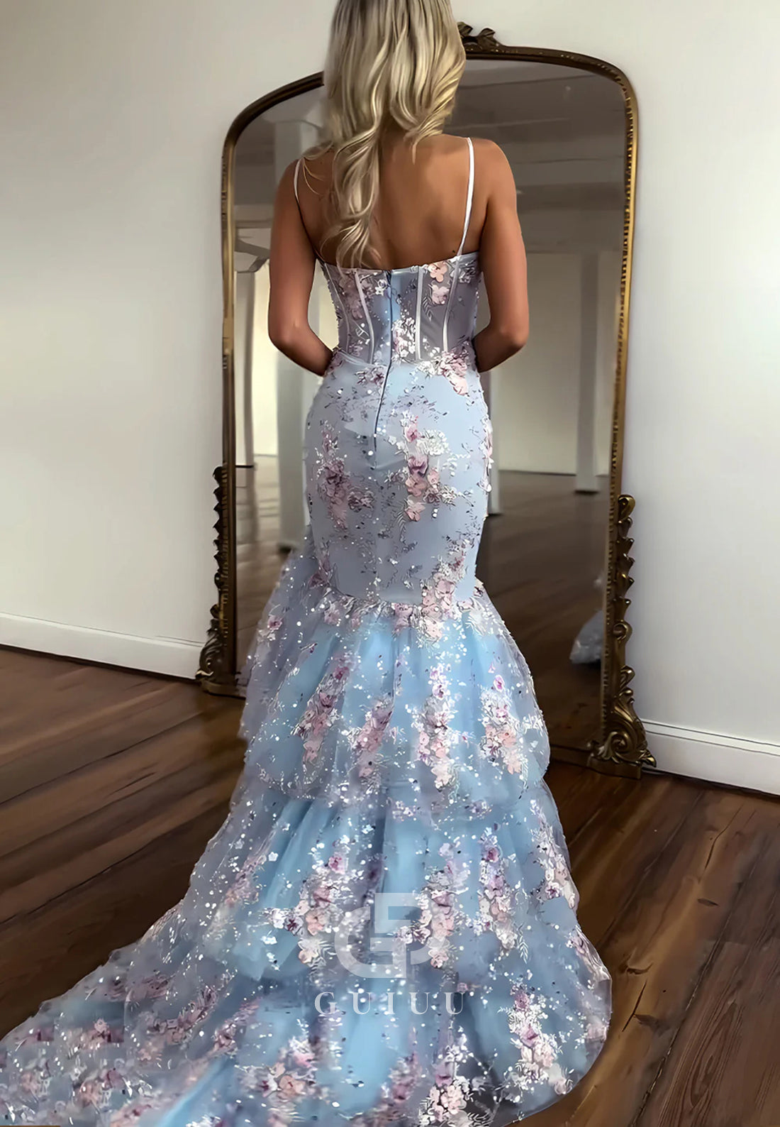 Light Blue Floral Embroidered Mermaid Prom Dress with Tiered Tulle Train