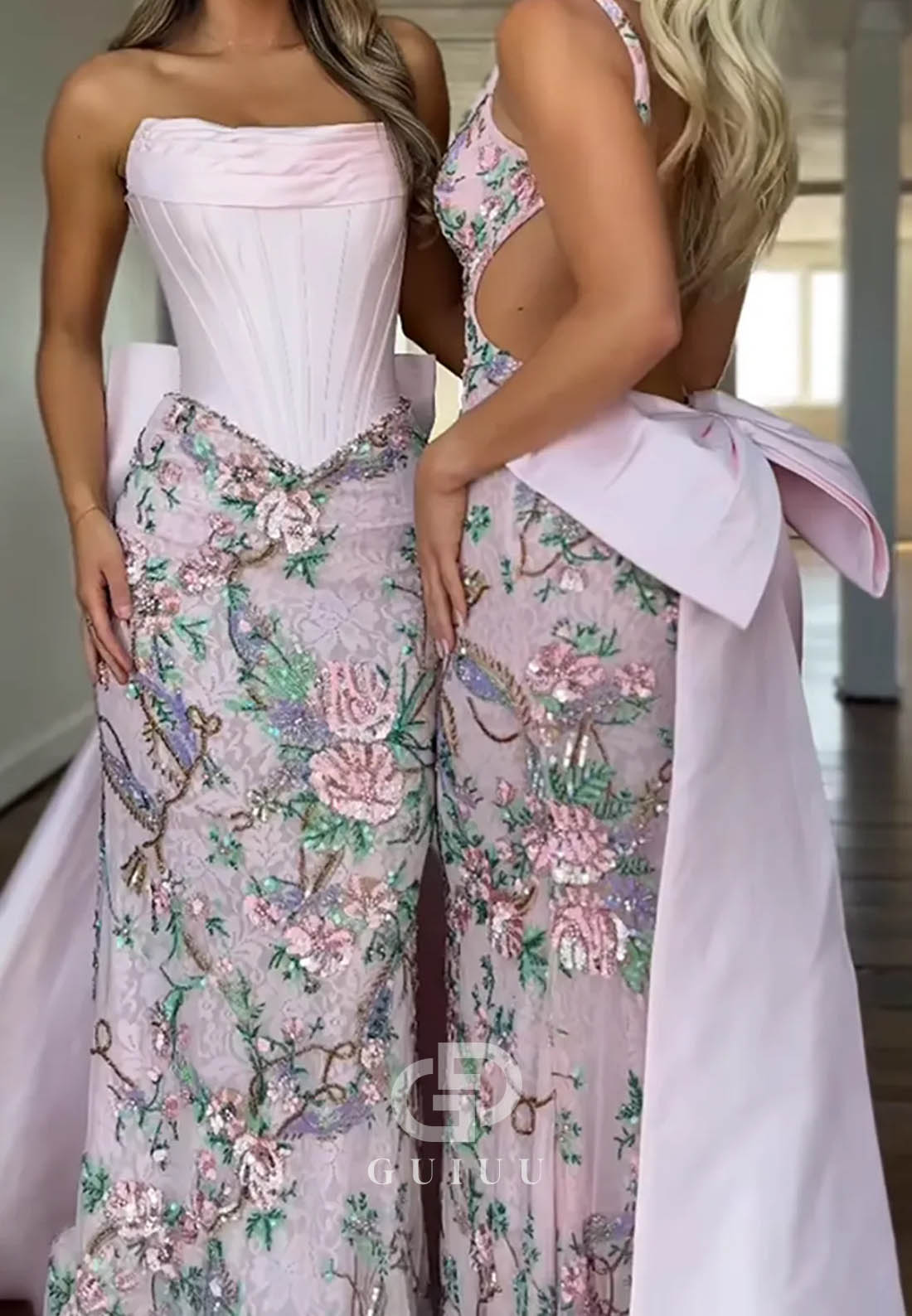 Light Pink Floral Strapless Corset Sheath Long Prom Dress with Cape