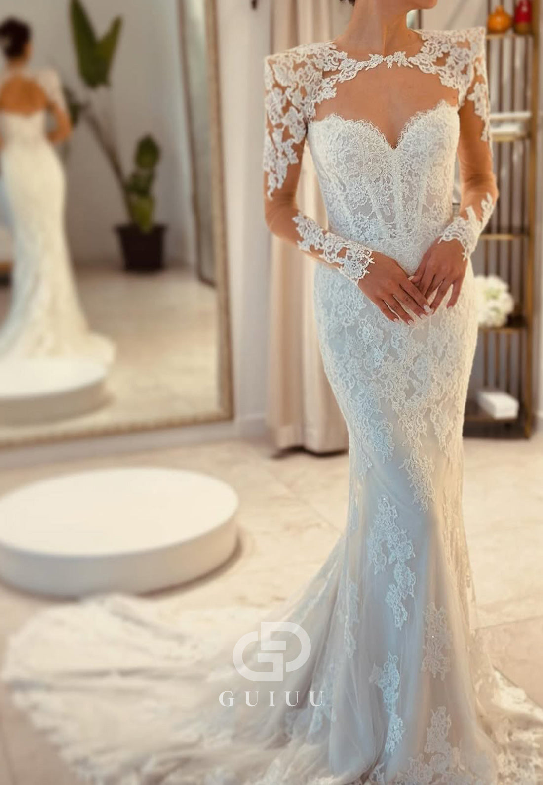 Long Sleeves High Neck Floral Appliques Mermaid Wedding Dress