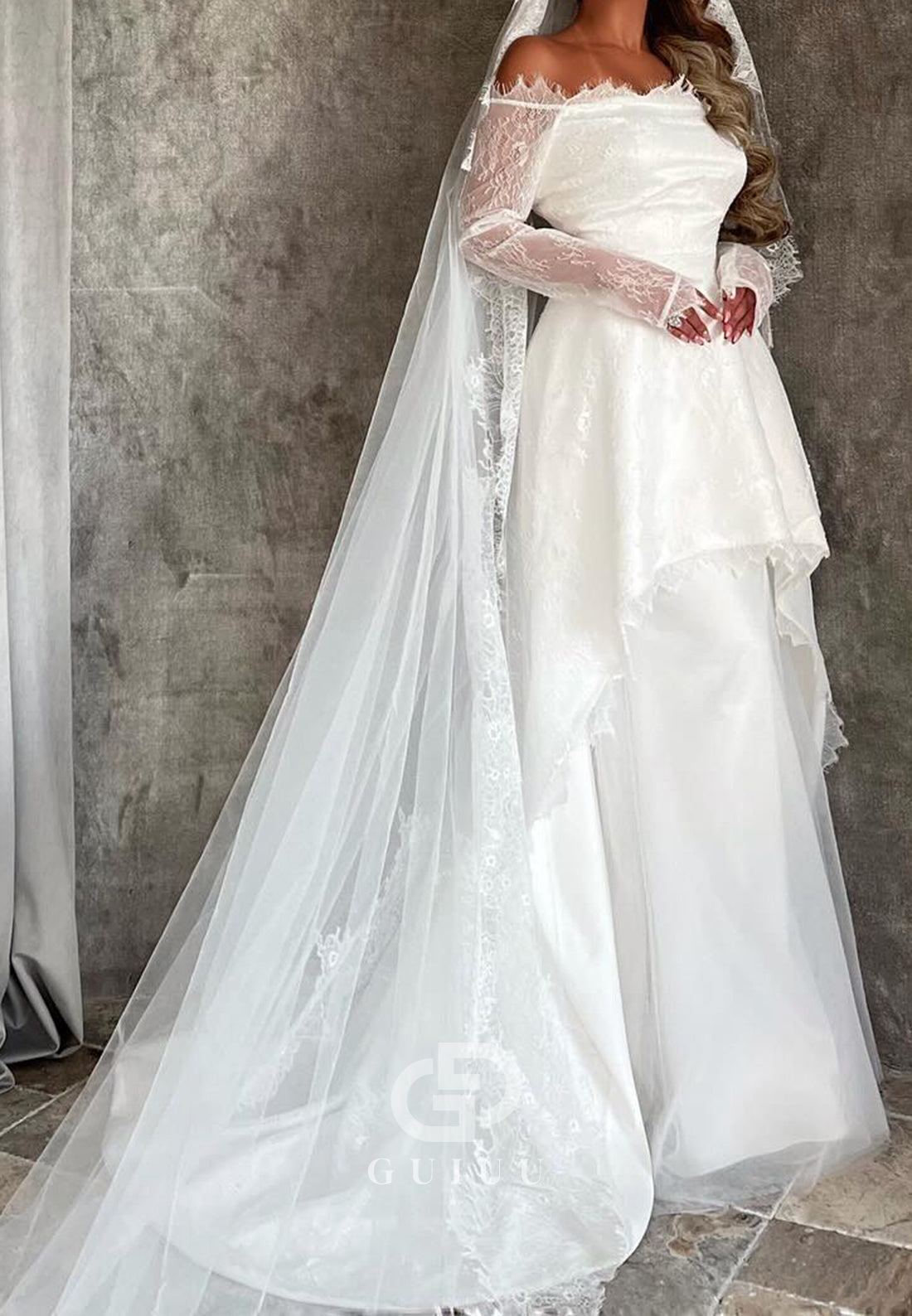 Long Sleeves Off-Shoulder Empire-Waist Lace Wedding Dress