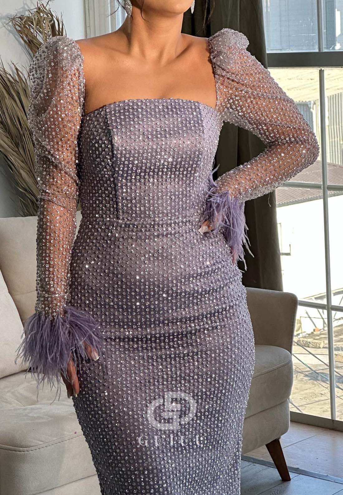 Long Sleeves Square Sequins Ruched Feathers Evening Dress