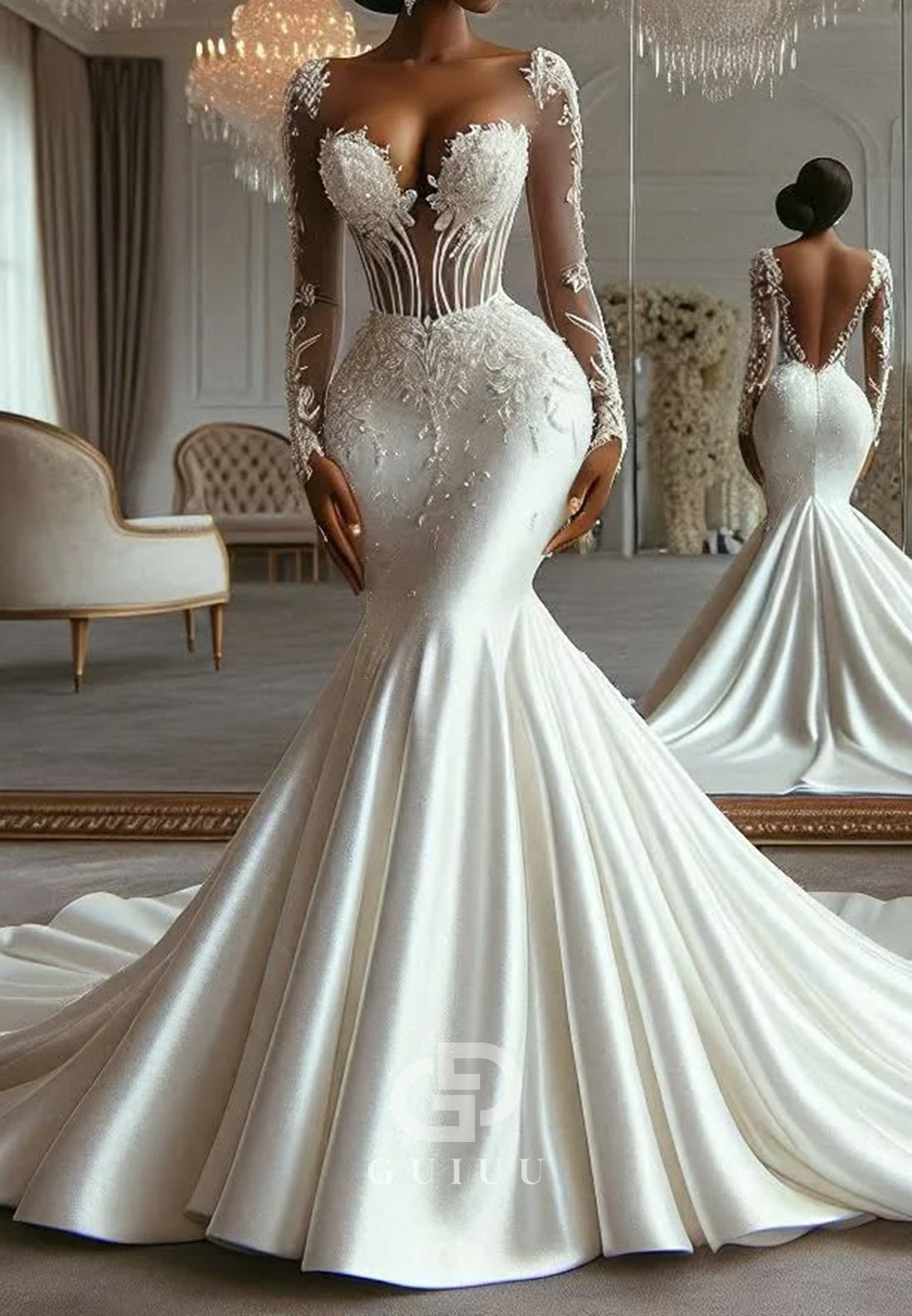 Long Sleeves Sweetheart Appliques Mermaid Wedding Dress