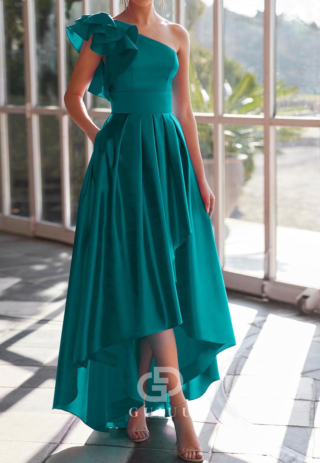 A-Line One Shoulder Sleeveless Bowknot High Low Evening Dress