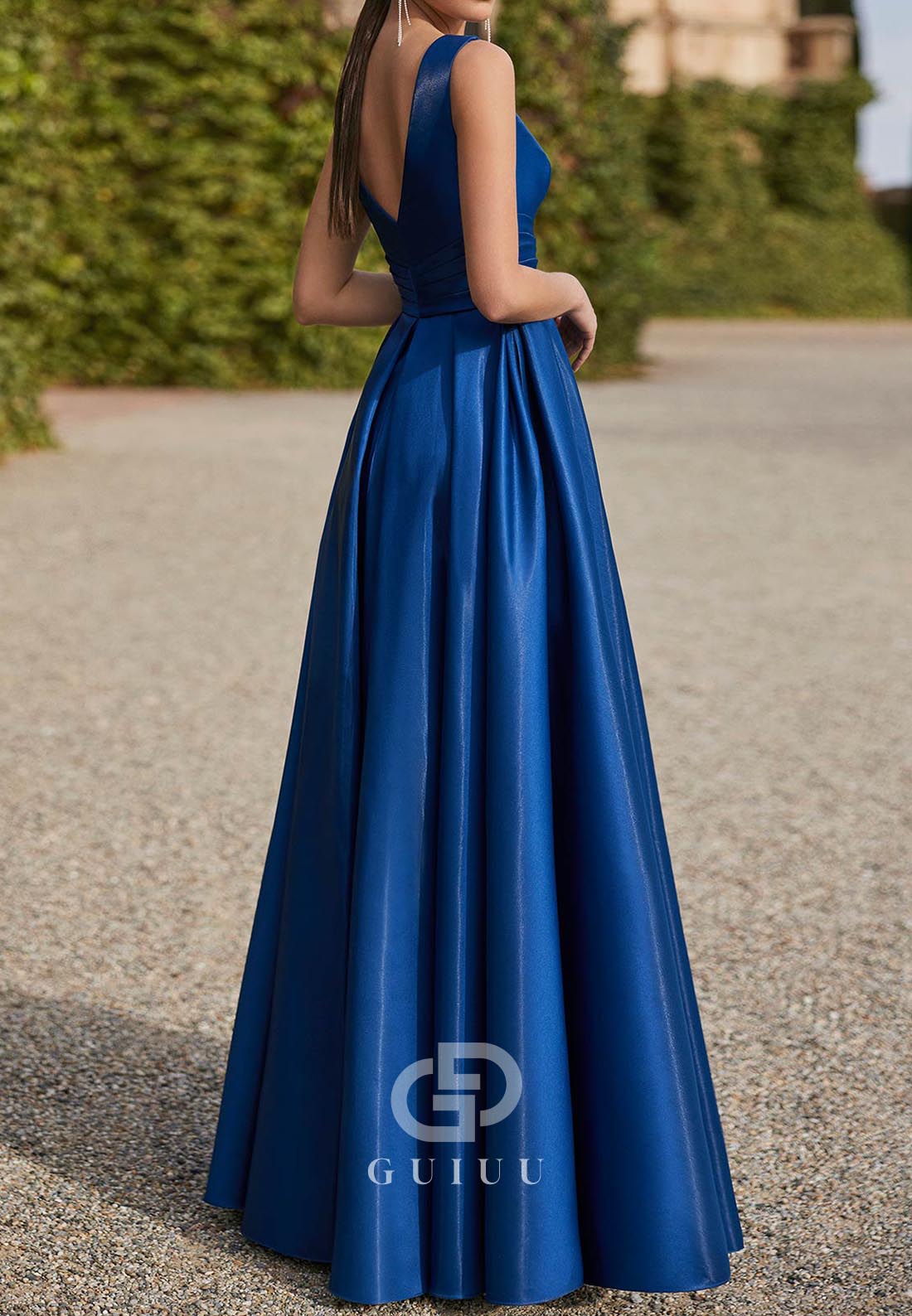 A-Line Spaghetti Straps V-Neck Ruched Bowknot Satin Evening Dress