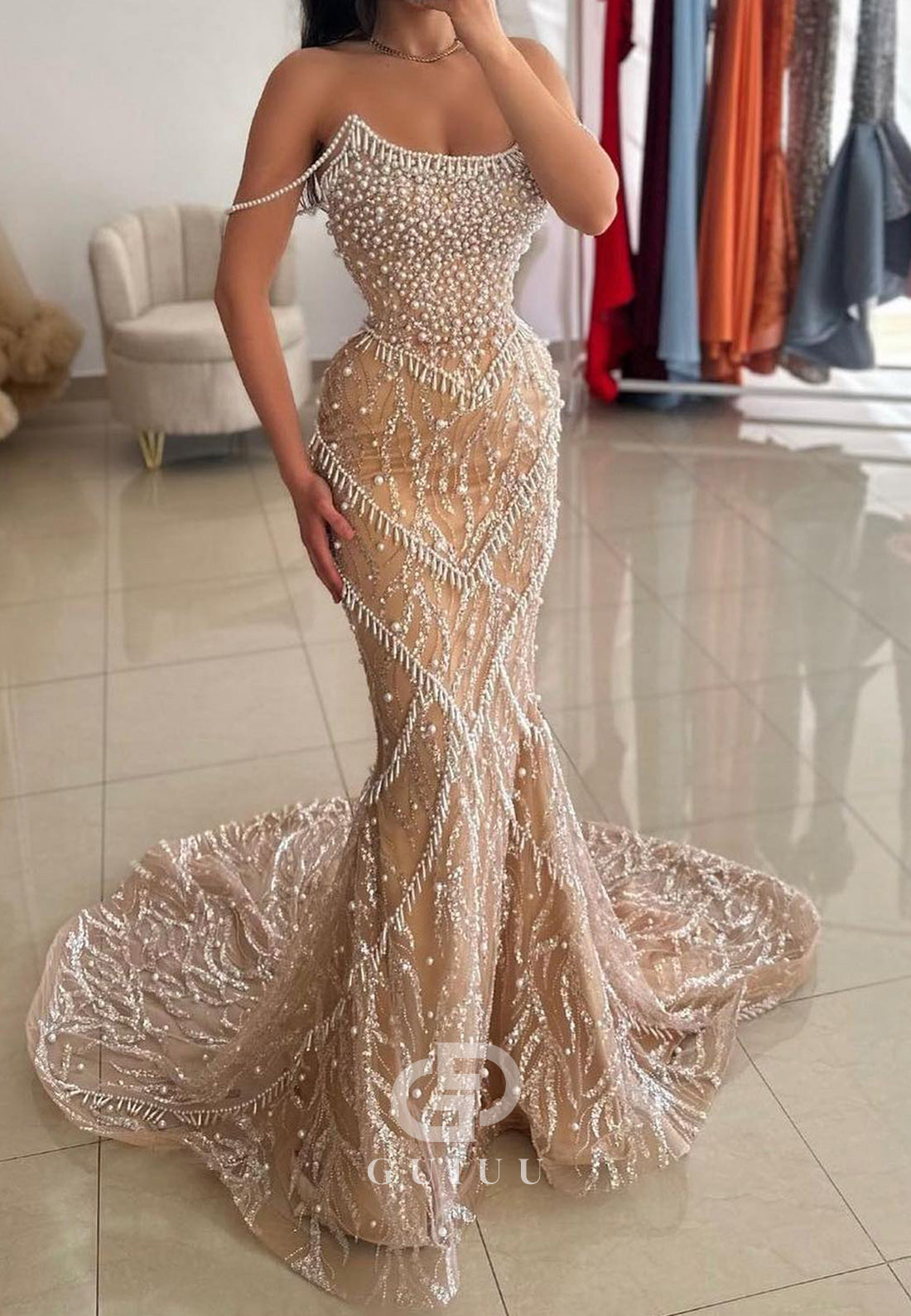 Mermaid Sleeveless Strapless Pearls Tulle Evening Dress