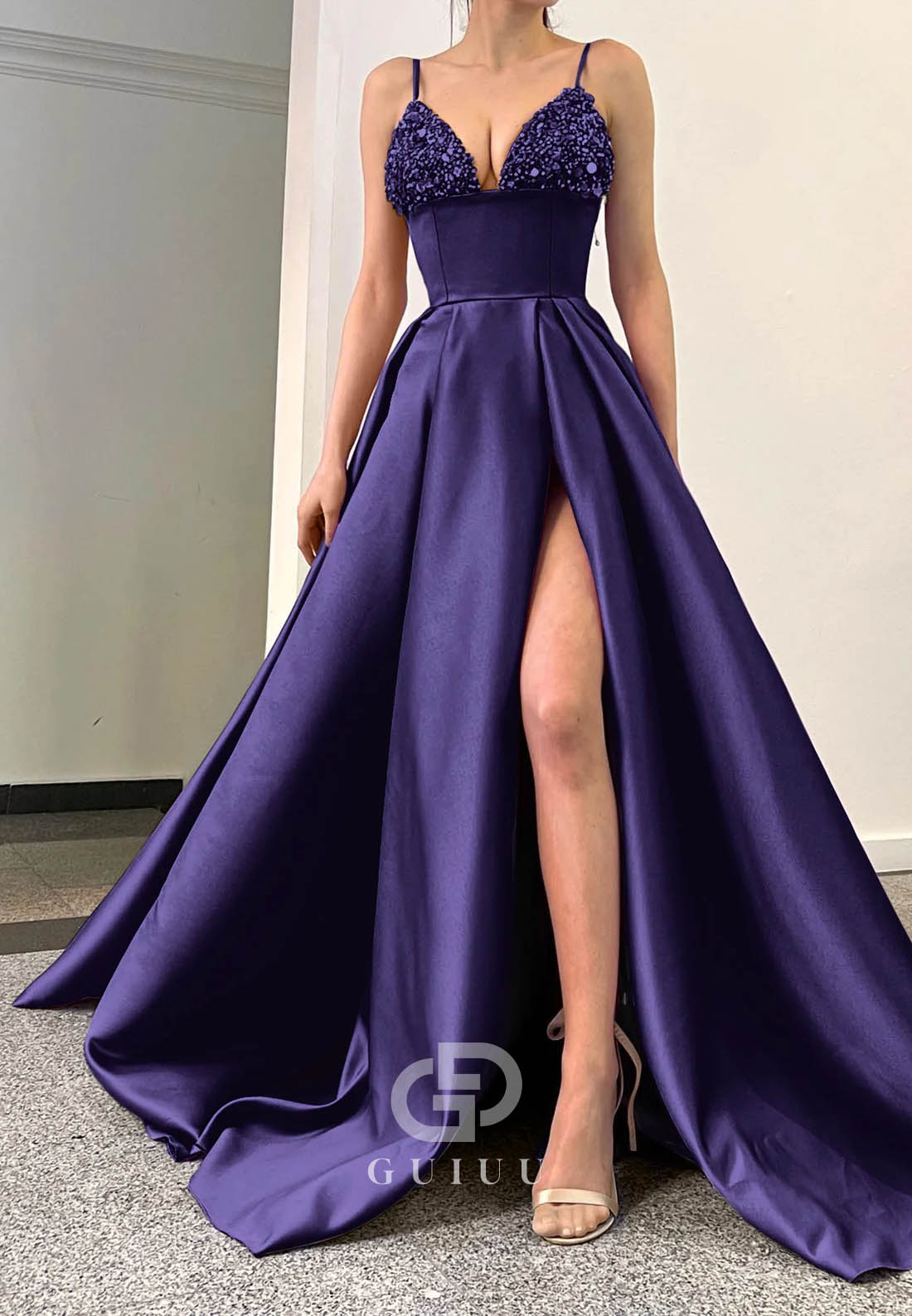 Simple A-Line Spaghetti Straps Sequins Prom Dress With Split