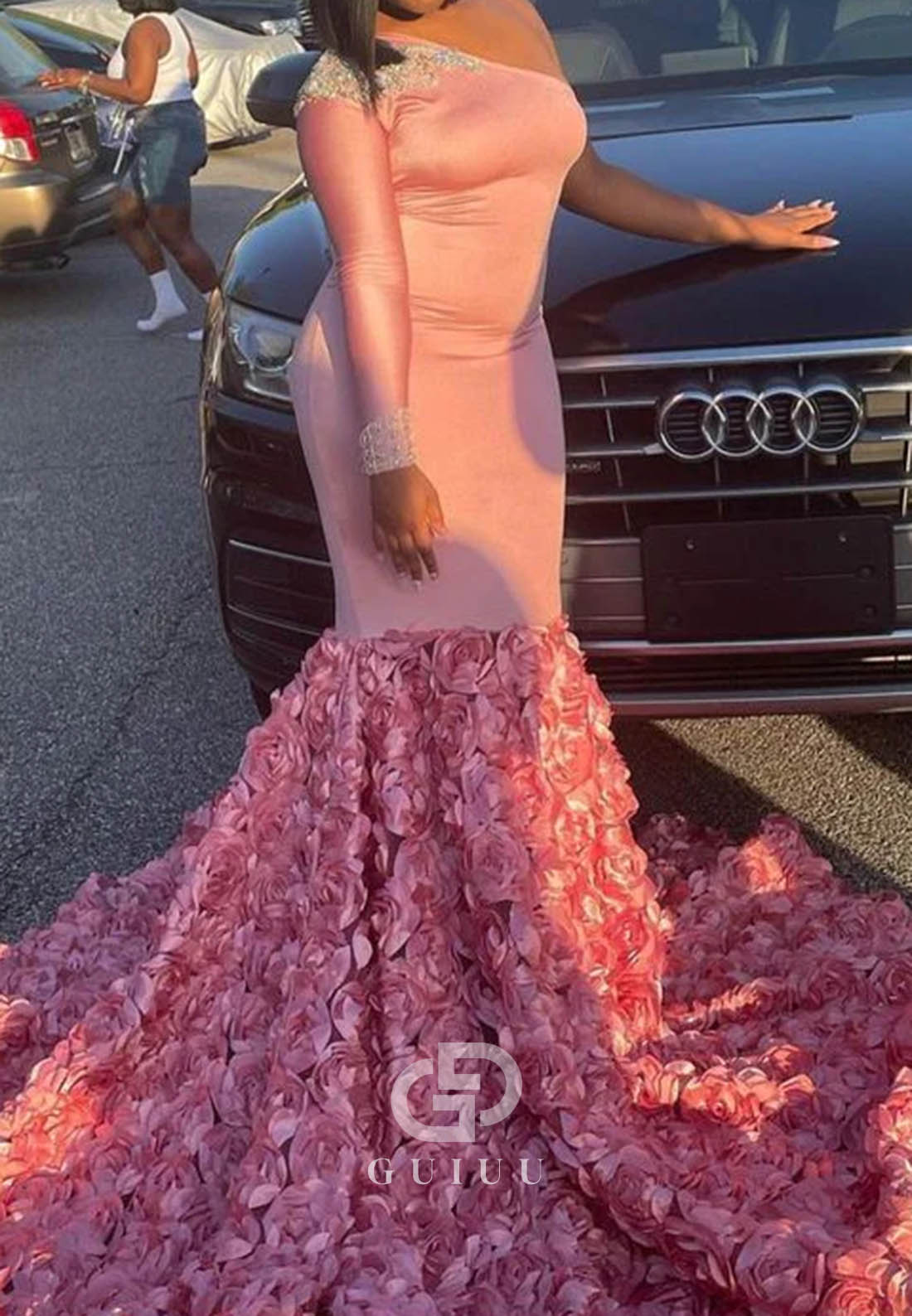Sexy One Shoulder Long Sleeve Pink Sequins Mermaid Prom Dress