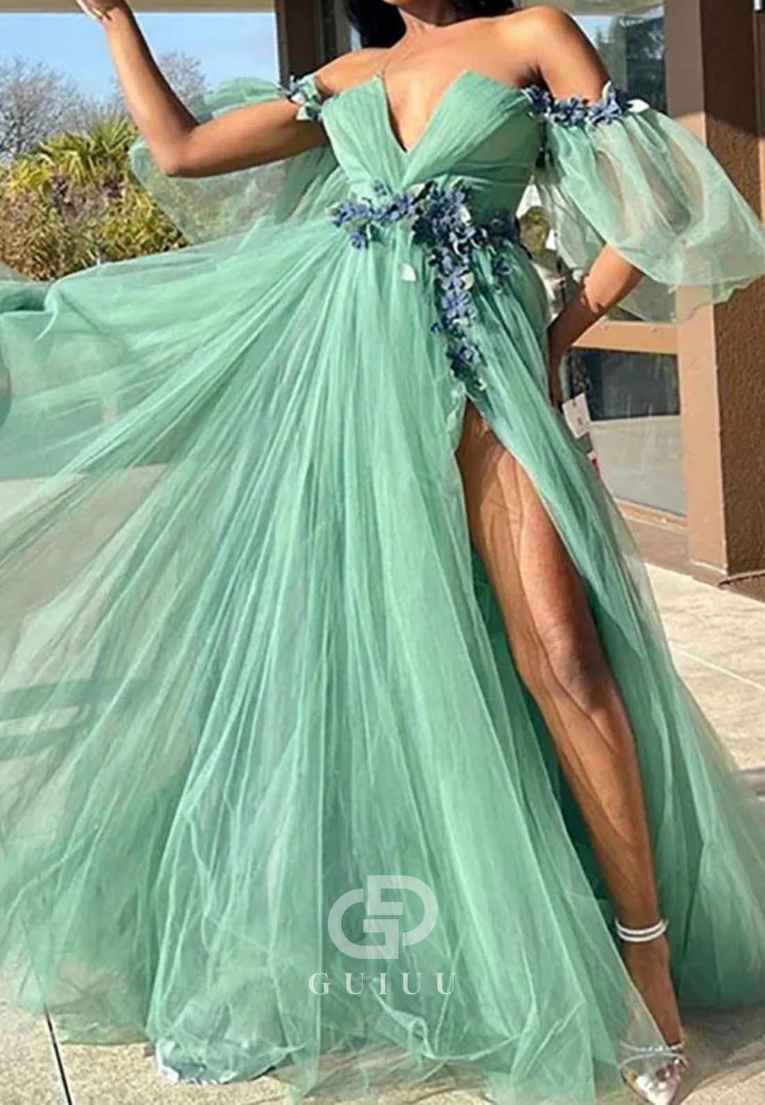 Off-Shoulder 3D Flower Appliqué High Slit Prom Dress