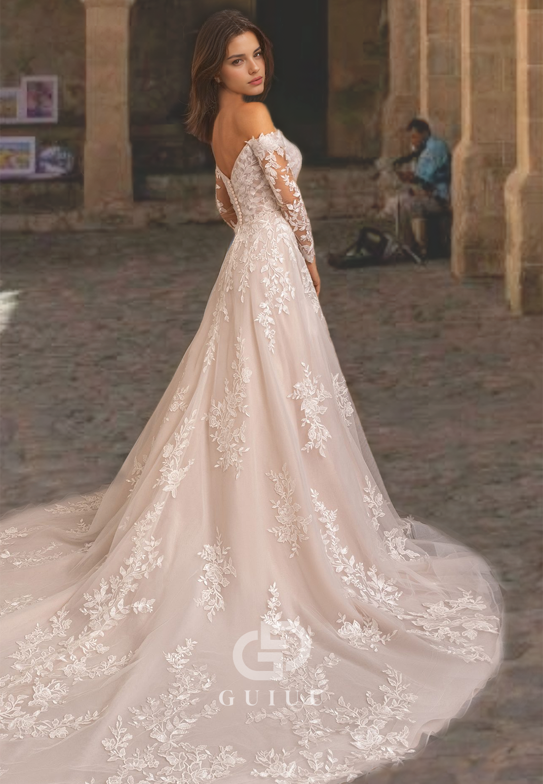 Ornate V-Neck Draped A-Line Wedding Dress with Lace Appliques and Sleeves
