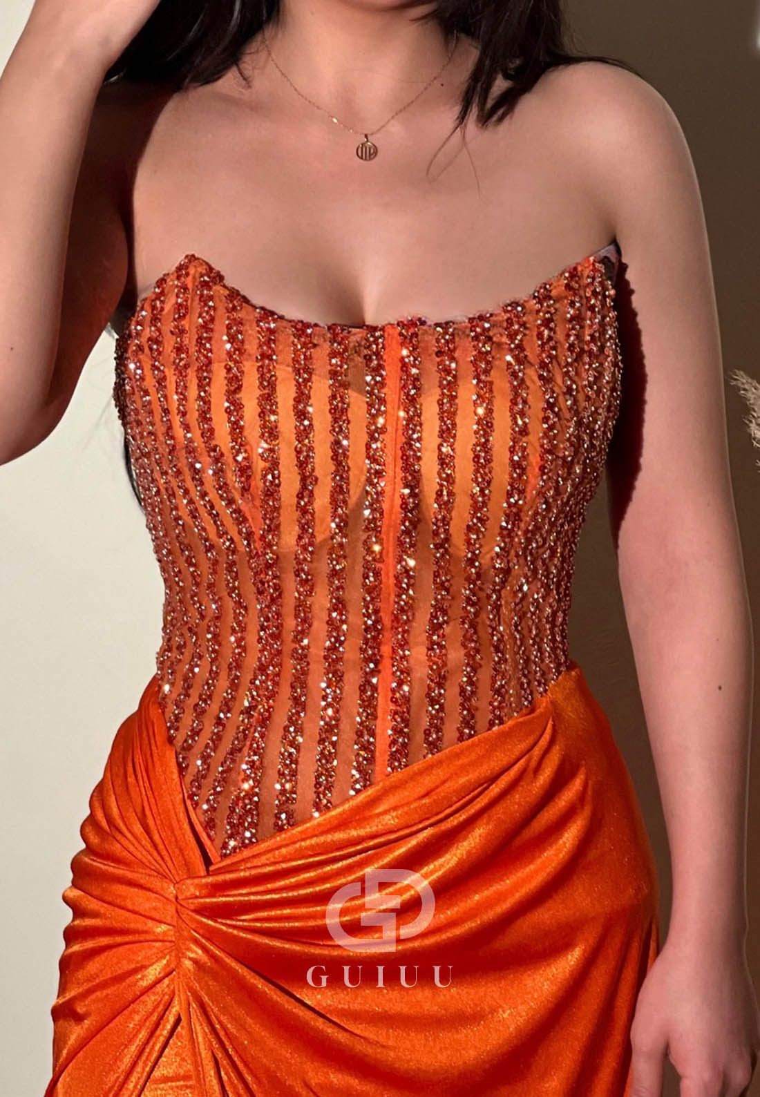Papaya Sleeveless Strapless Corset Tulle Ruched Prom Dress