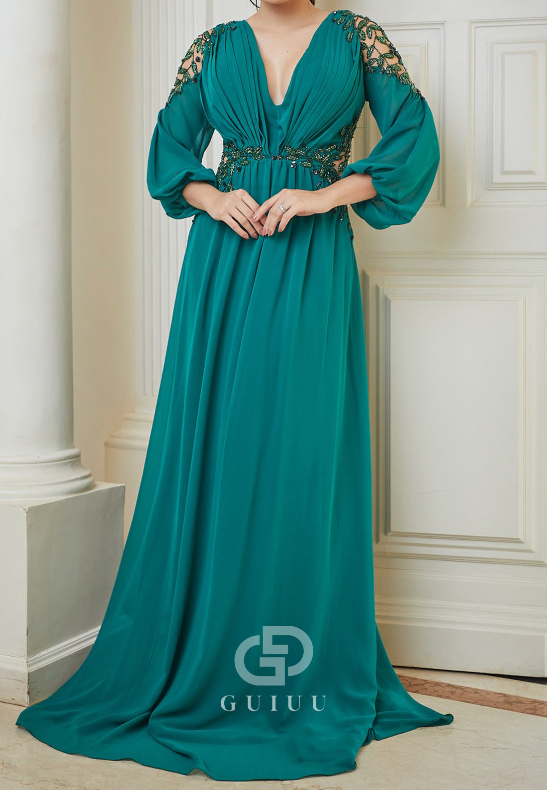 Peacock Long Sleeves V-Neck Chiffon Mother of the Bride Dress