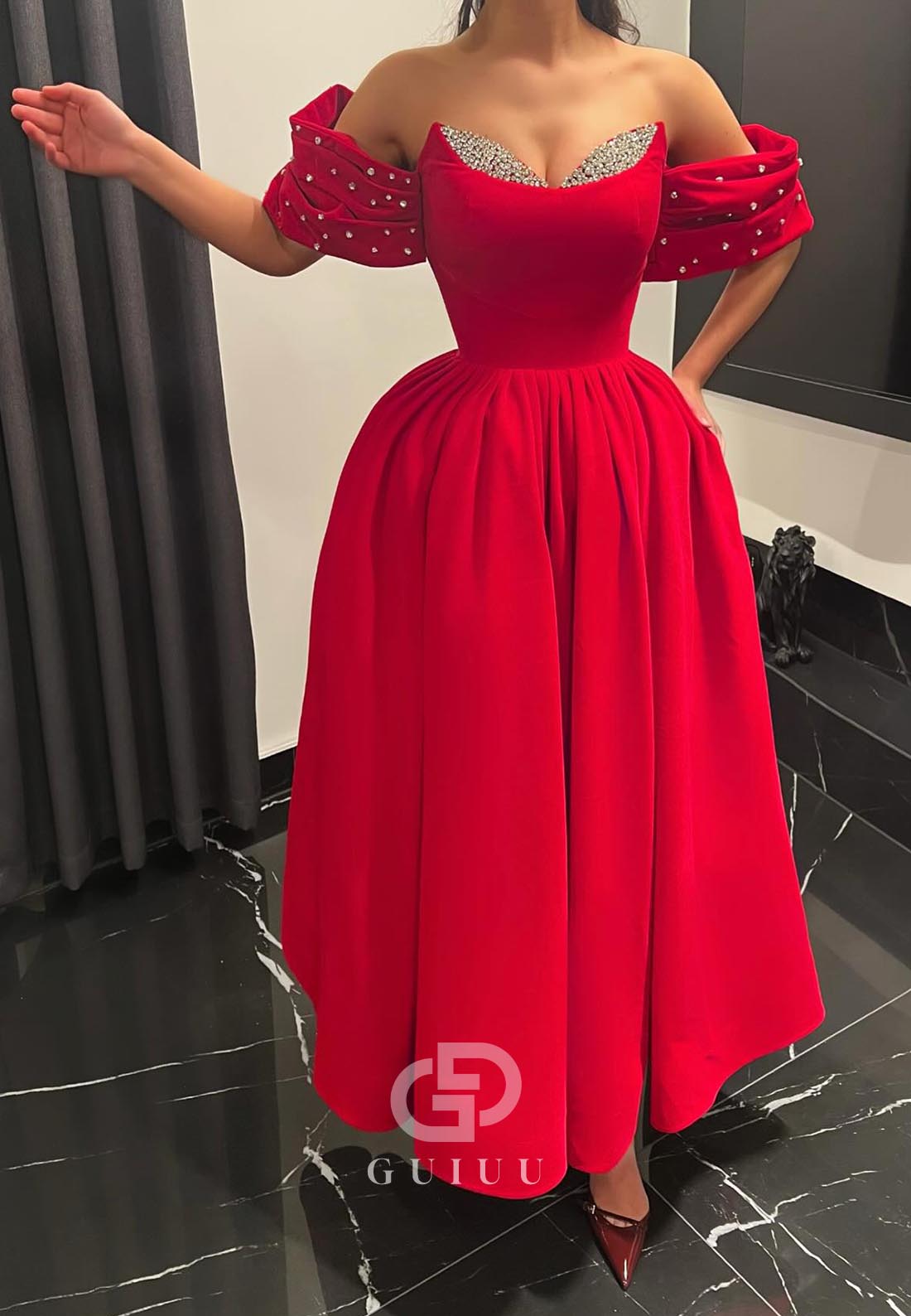 Red A-Line Off-Shoulder Beads Evening Dress