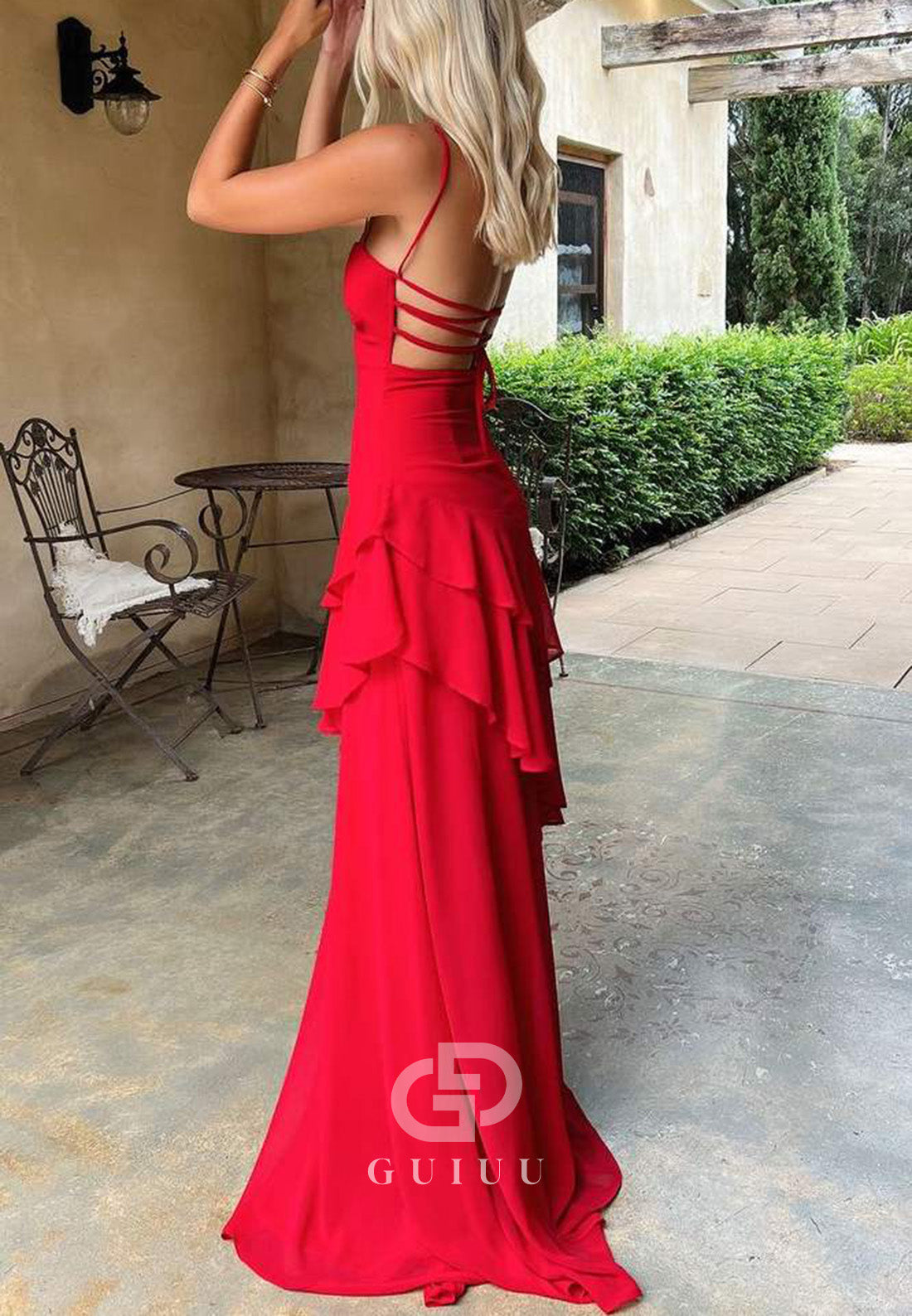 Red Spaghetti Straps Ruffles Sleeveless Lace-Up Long Prom Dress