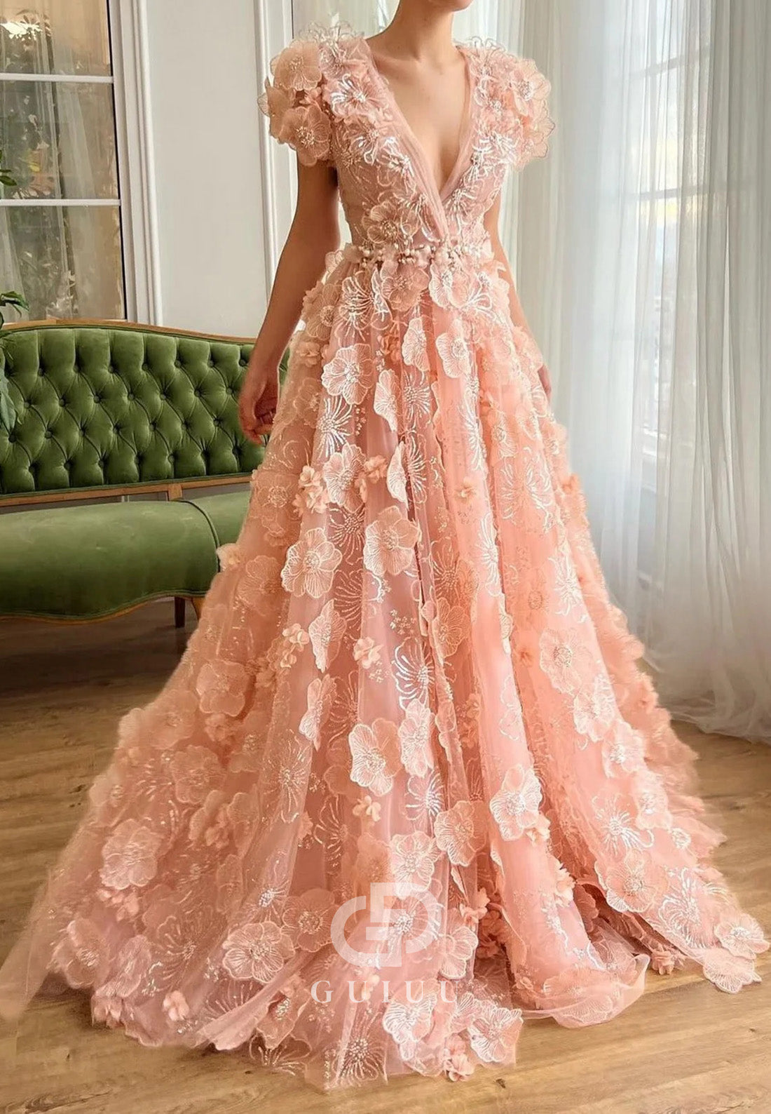 Pink A-Line Dress with V-Neck Embroidery and Short Cap Sleeves Evening Dress