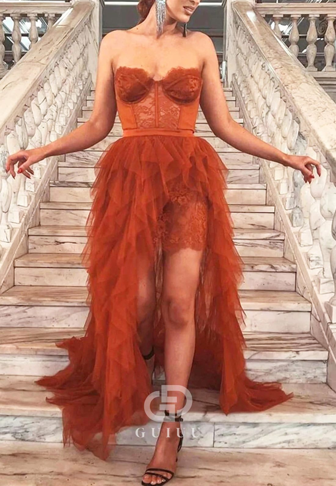 Rust Sleeveless Strapless Corset Tulle Slit Lace Prom Dress