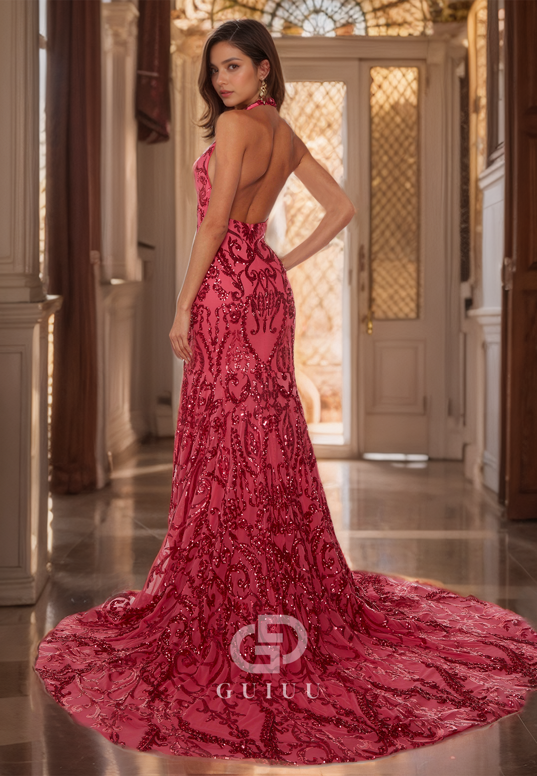 Sexy Halter Plunging V-Neck Mermaid Open Back Prom Dress Sequined Evening Dress with Sweep Train