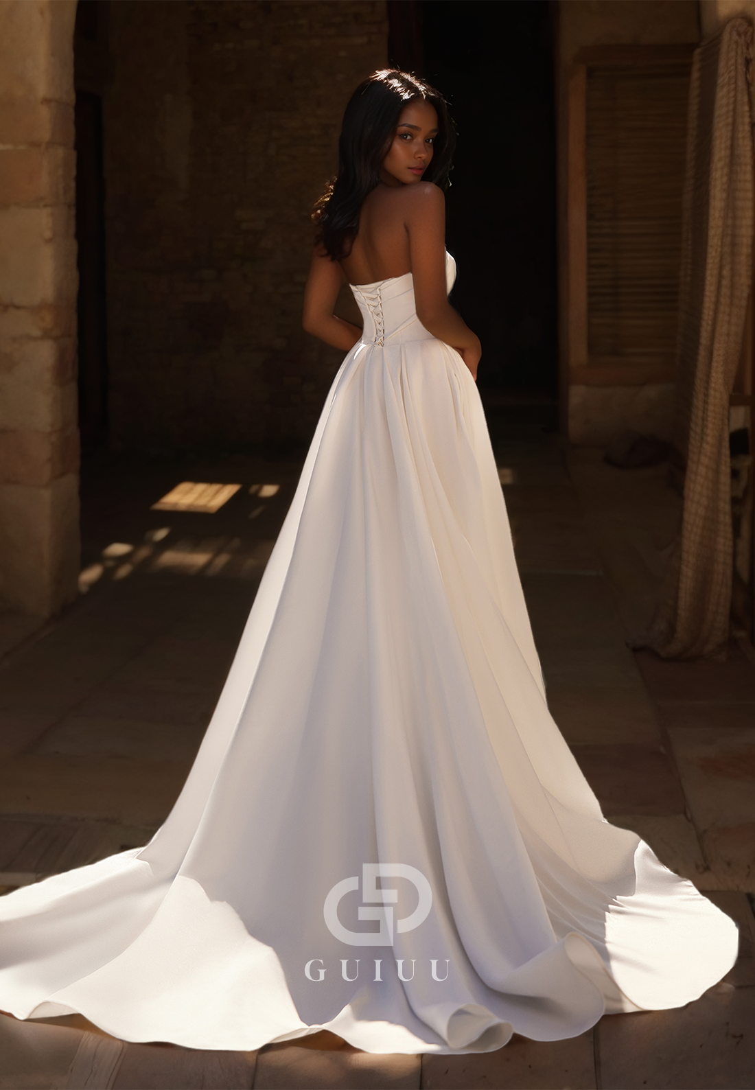Simple A-Line Draped Strapless Wedding Dress with Sweep Train