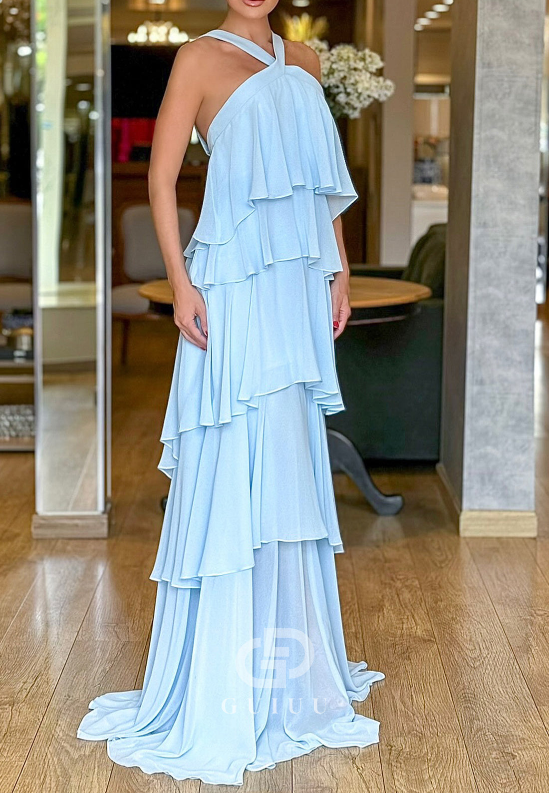 Simple A-Line Halter Sleveless Ruffles Chiffon Mother of the Bride Dress.