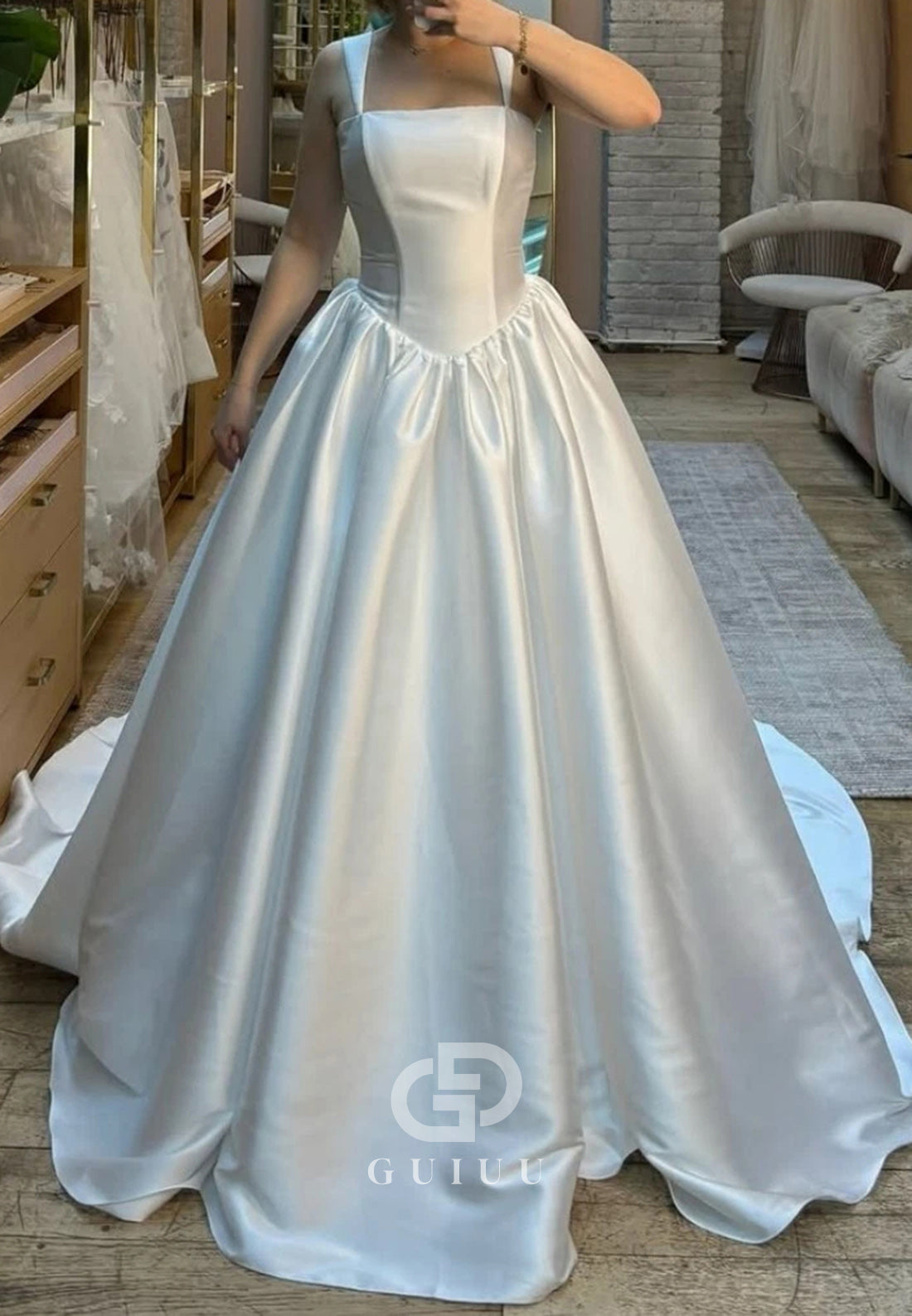 Simple A-Line Spaghetti Straps Square Wedding Dress