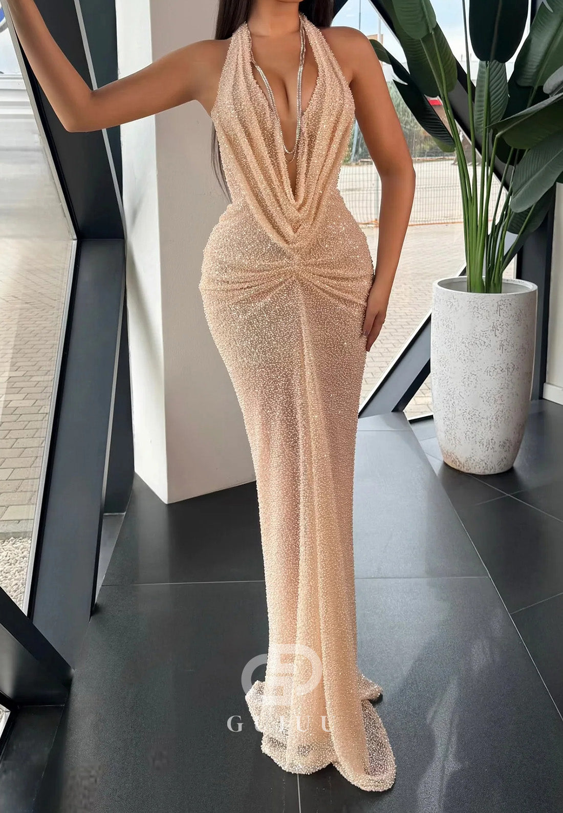 Simple Halter Sleeveless Ruched A-Line Prom Dress