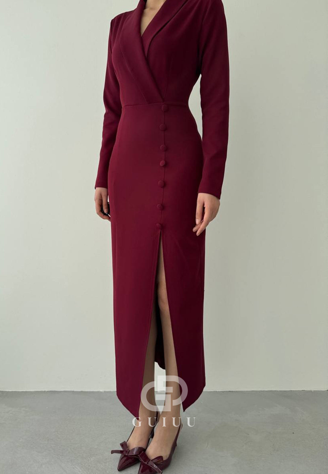 Simple Long Sleeves V-Neck Slit Work Dress