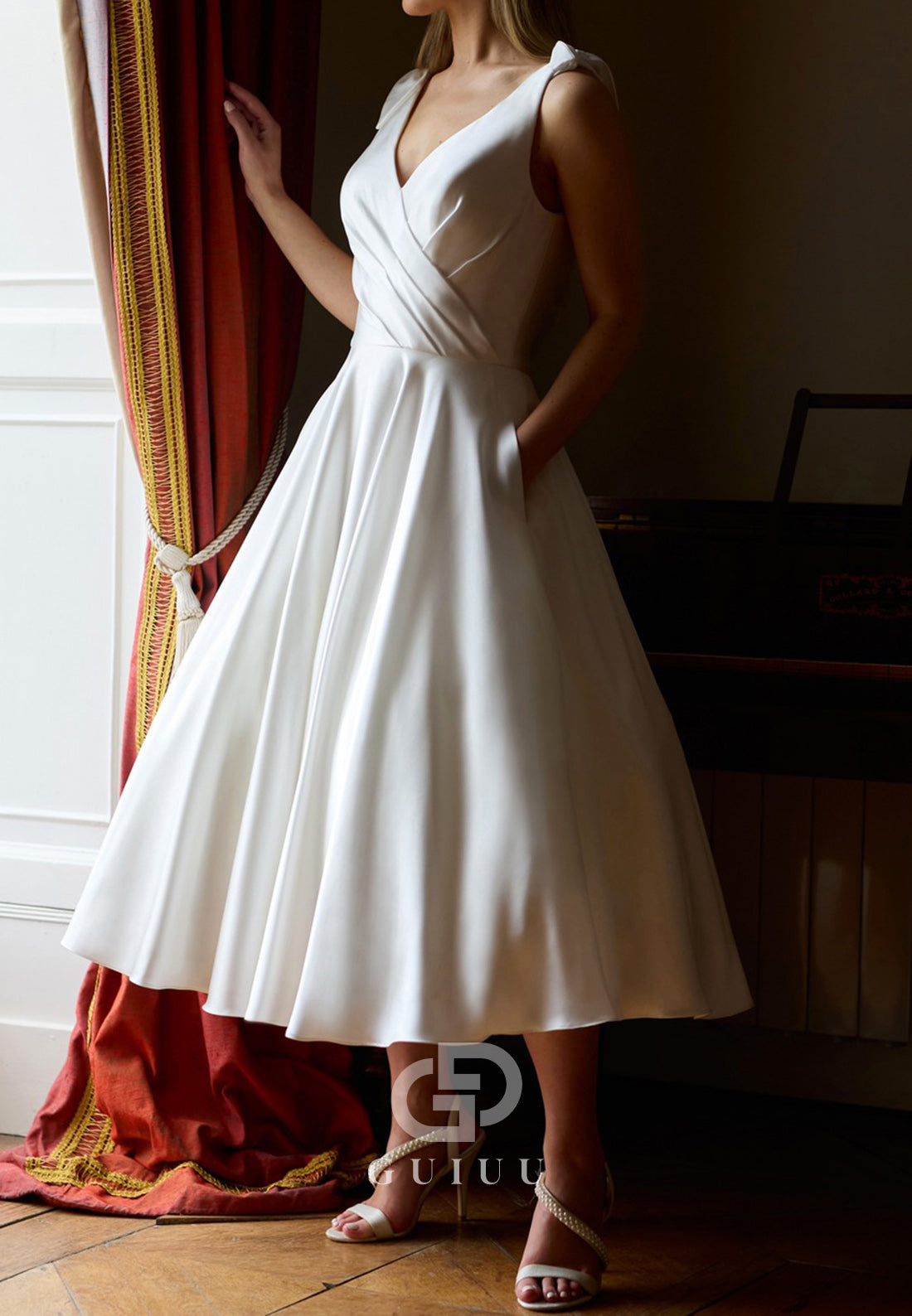 Simple Spaghetti Straps V-Neck Ruched A-Line Wedding Dress