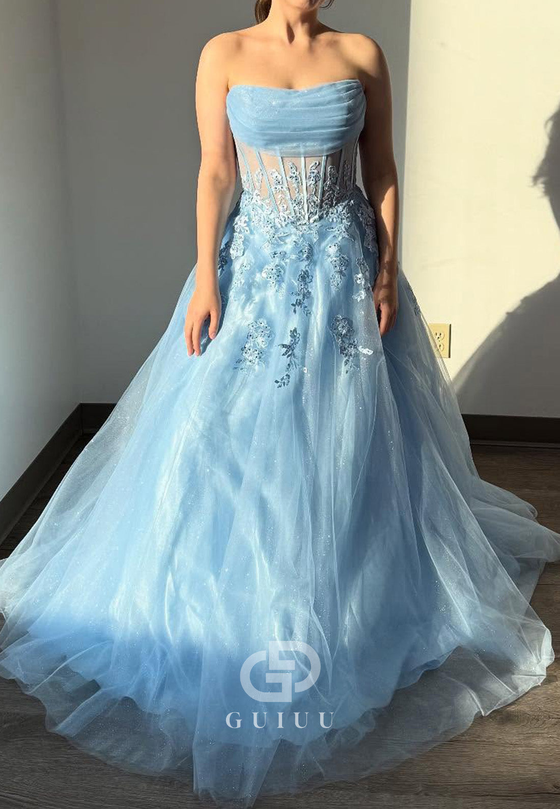 Sky Blue Sleeveless Sweetheart Corset Tulle Prom Dress