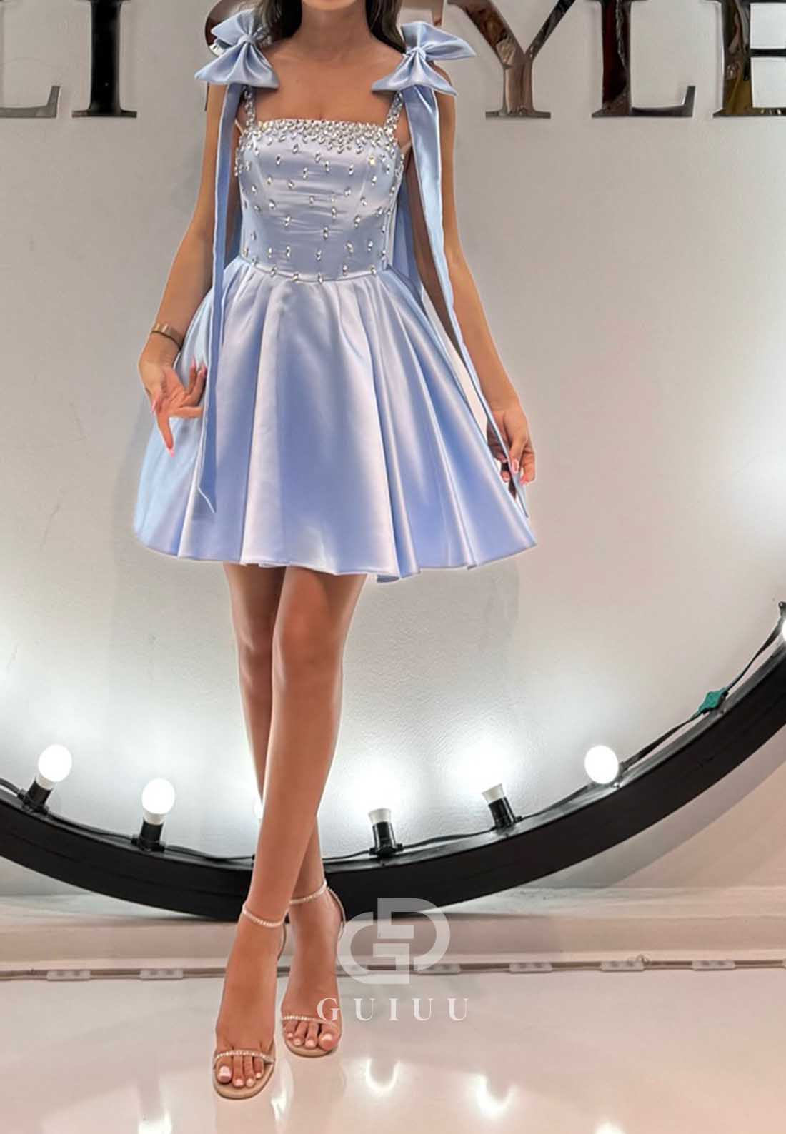 Sky Blue Spaghetti Straps Square A-Line Homecoming Dress