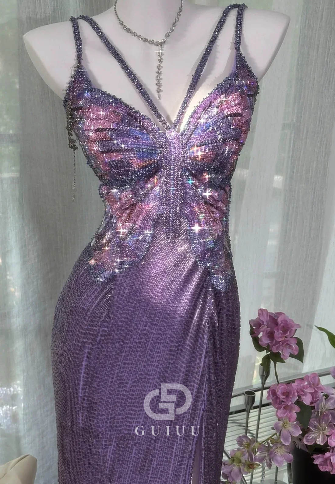 Sparkly A Line Spaghetti Straps Purple Long Prom Dress with Beading