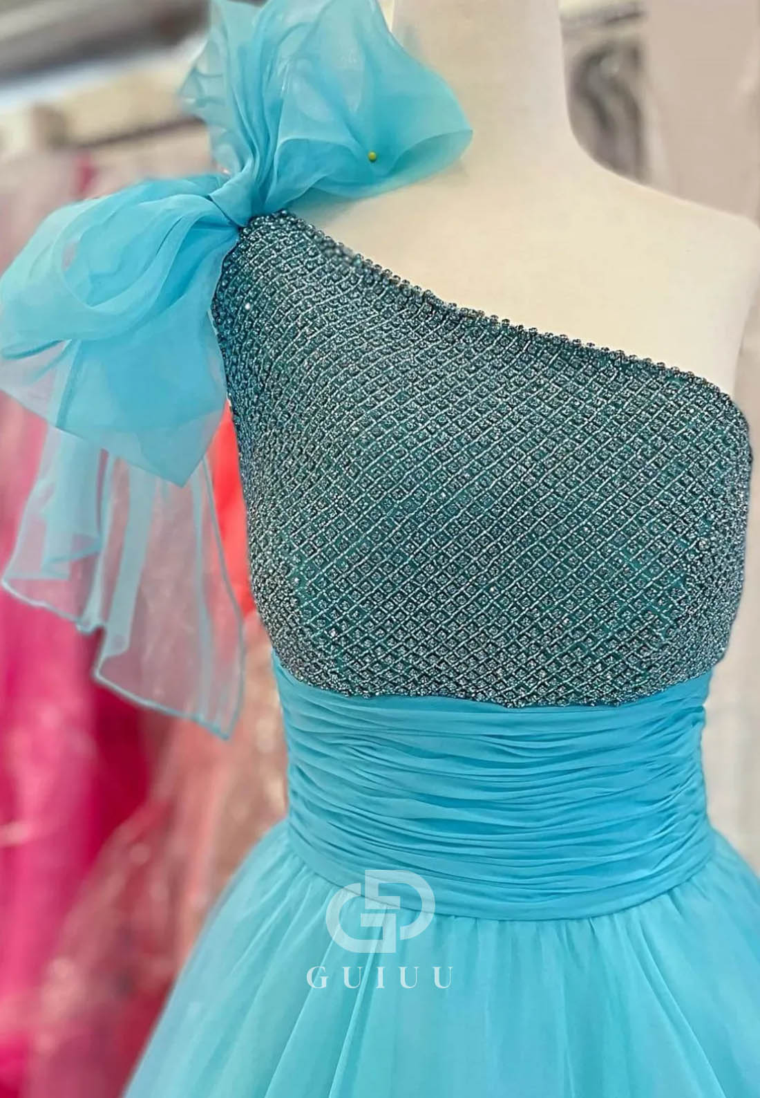 Sparkly Sky Blue Long Beading A-Line Prom Dress