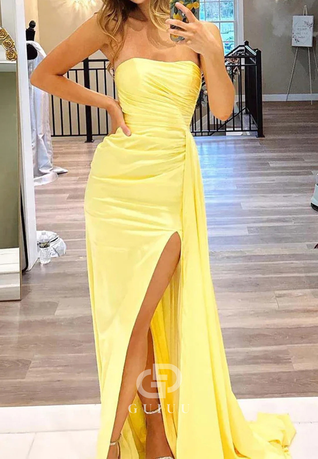 Stylish Mermaid Strapless Yellow Long Prom Dress with Split Front